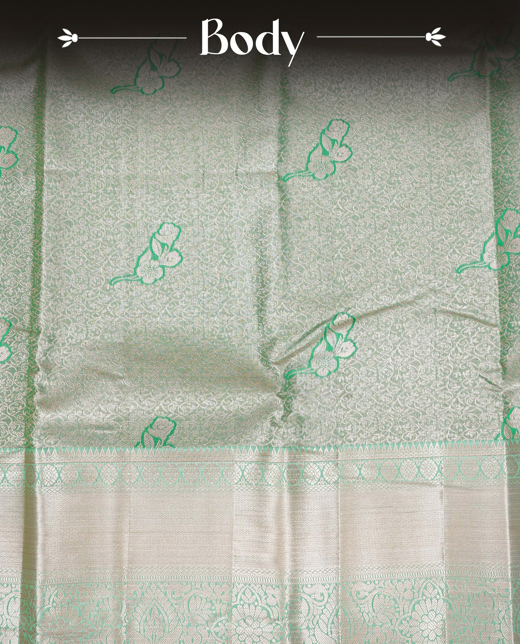 Mint & Gold Double shade Semi Tissue Silk saree featuring Light gold Kodi pattern on body, complemented by Self colour with gold zari border, paired with matching blouse piece.