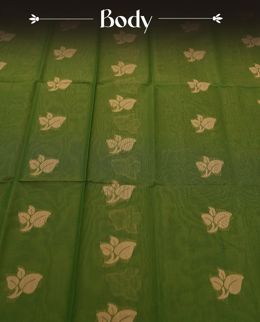 Mehendi Green Colour Silk Cotton Saree with Golden Leaf Butta Body, Contrasting Golden Zari Pallu & Border, Peacock and Floral Motifs, and Matching Woven Blouse Piece