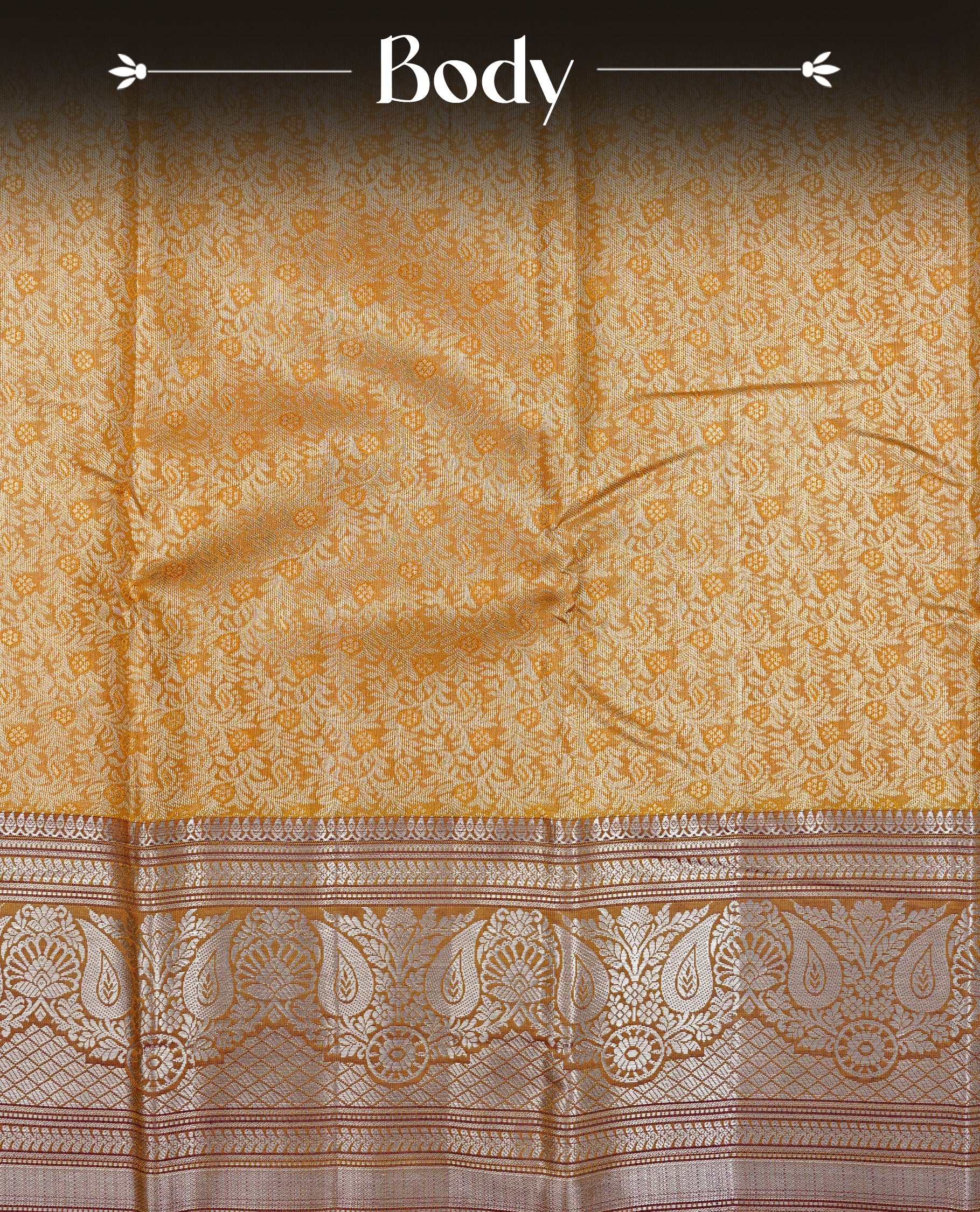 Yellow colour Semi tissue silk saree featuring Light gold zari kodi floral motifs on body, Contrast Brown colour with traditional border, paired with matching blouse piece.