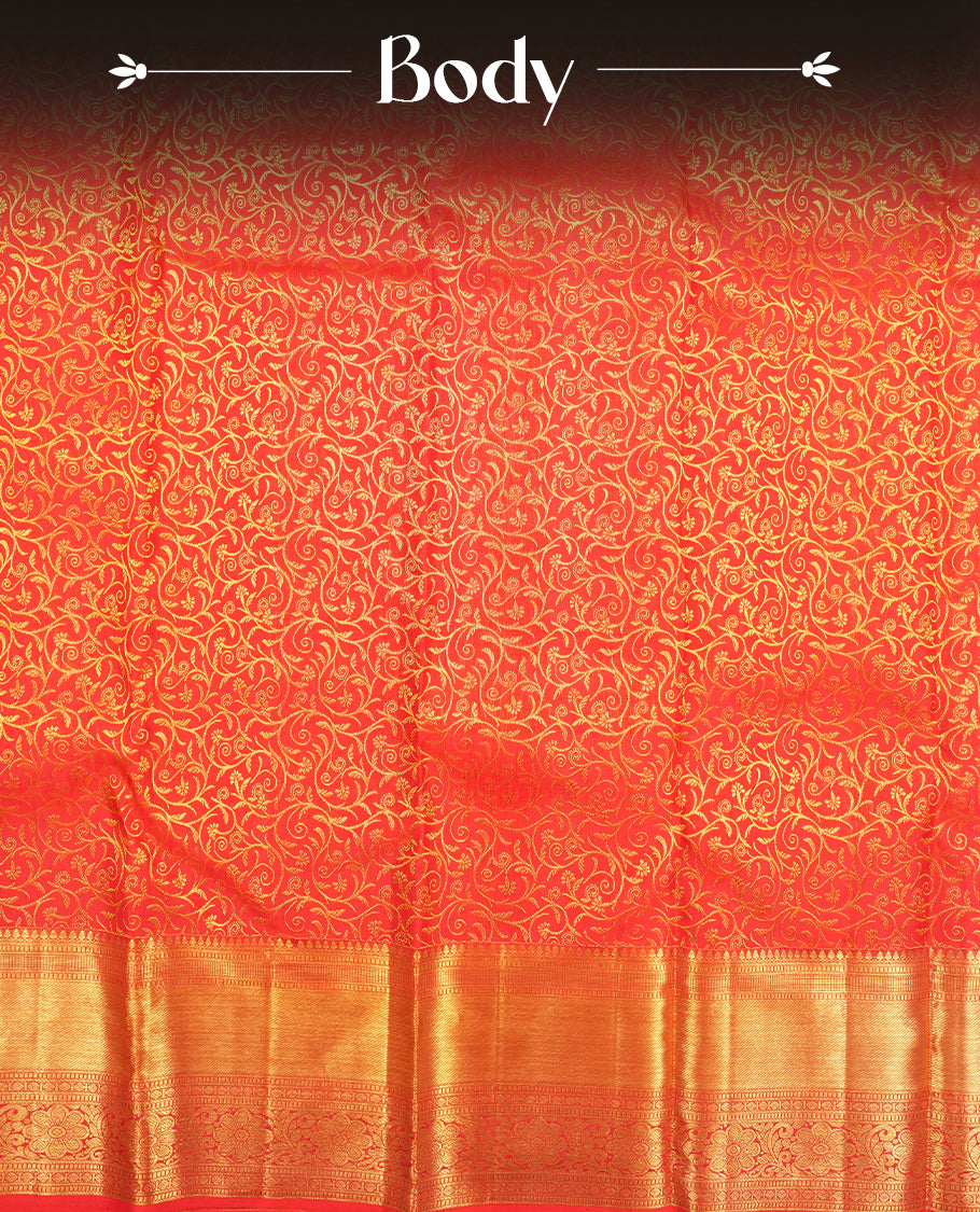 Red colour Kanchipuram Samudrika Silk Saree featuring Floral kodi pattern weaving with gold zari jacquard and a traditional zari border, paired with a matching designer jacquard blouse piece