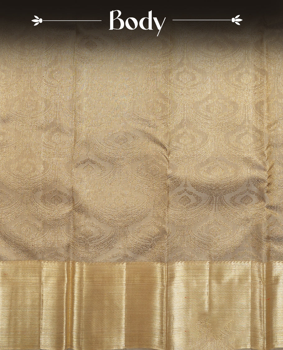 Ashy colour Kanchipuram Samudrika Silk Saree featuring antique zari pattern weaving with Antique zari jacquard and a traditional zari border, paired with a matching designer jacquard blouse piece