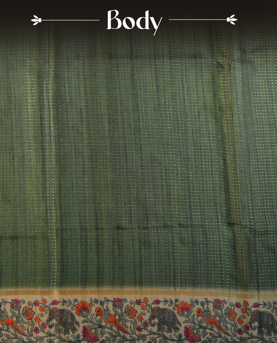 Castleton green colour tussar saree featuring golden zari dot stripped pattern on the body, complemented by a contrast cream colour mutlicolour floral kodi & animal print on border & pallu, paired with a matching blouse.