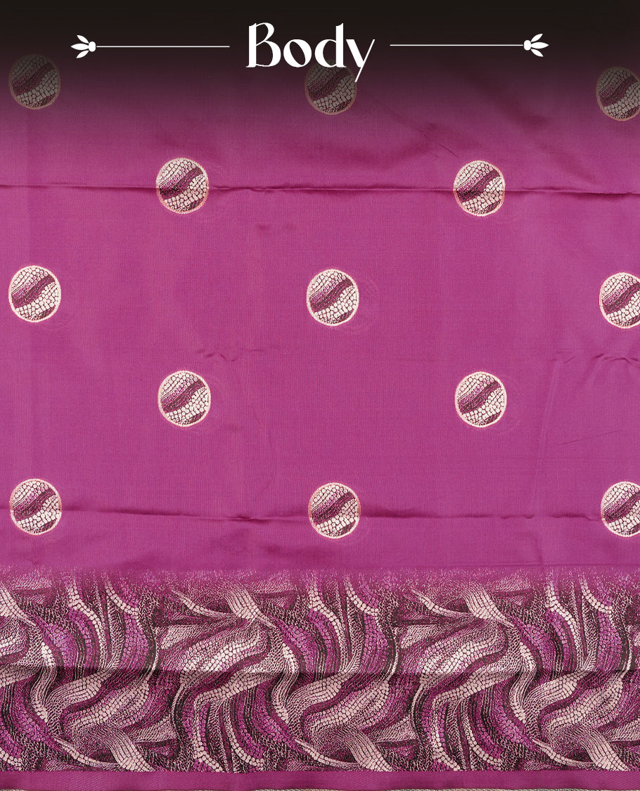 Fuchsia Pink Semi Silk Saree with Silver Circular Buttas, Multitone Textured Wavy Pallu with Satin Zari Edge and Tassels, Paired with Coordinated Blouse Piece