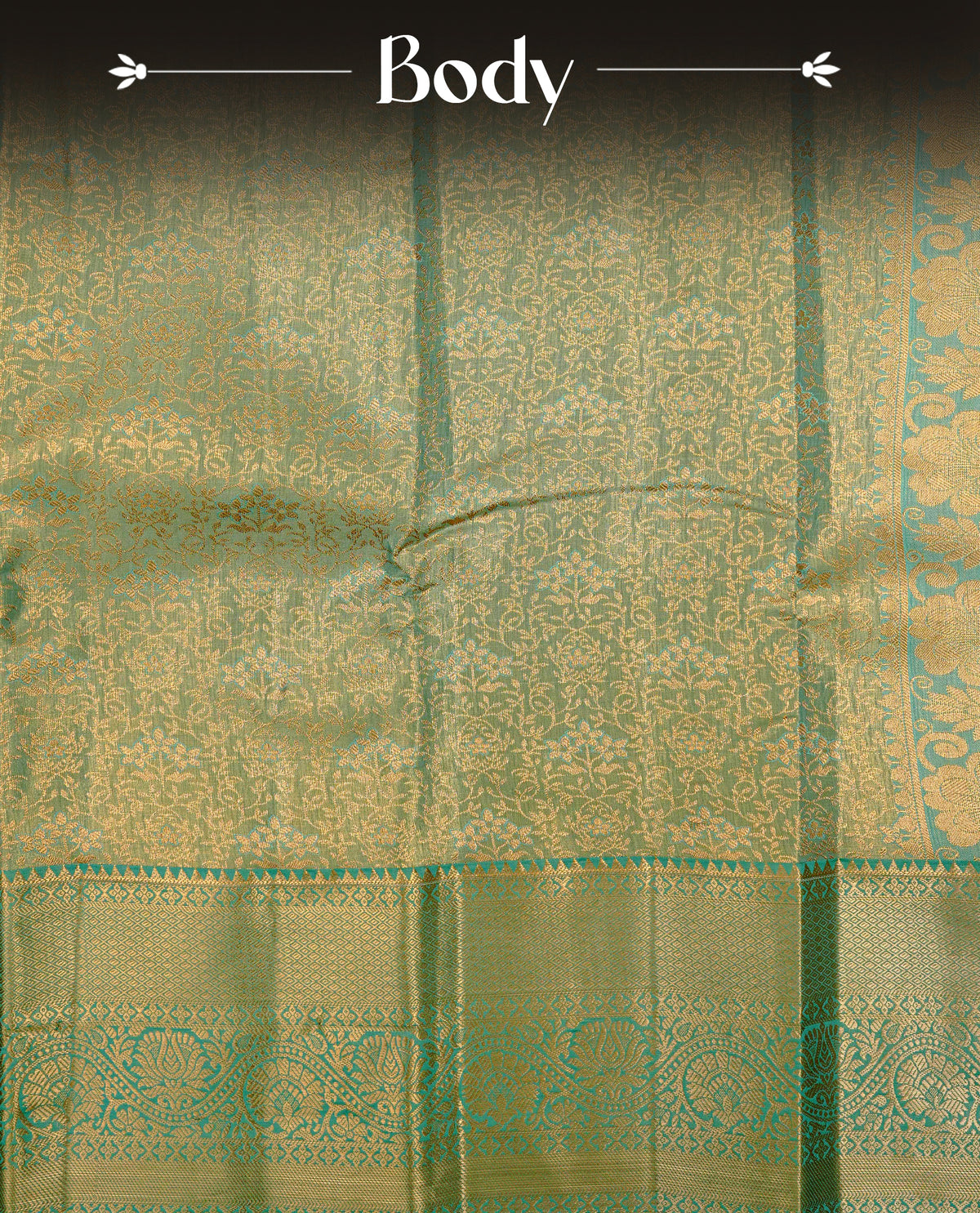 Green & Gold double shade colour Semi tissue silk saree featuring gold zari kodi floral motifs on body, Contrast Green colour with traditional border, paired with matching blouse piece.