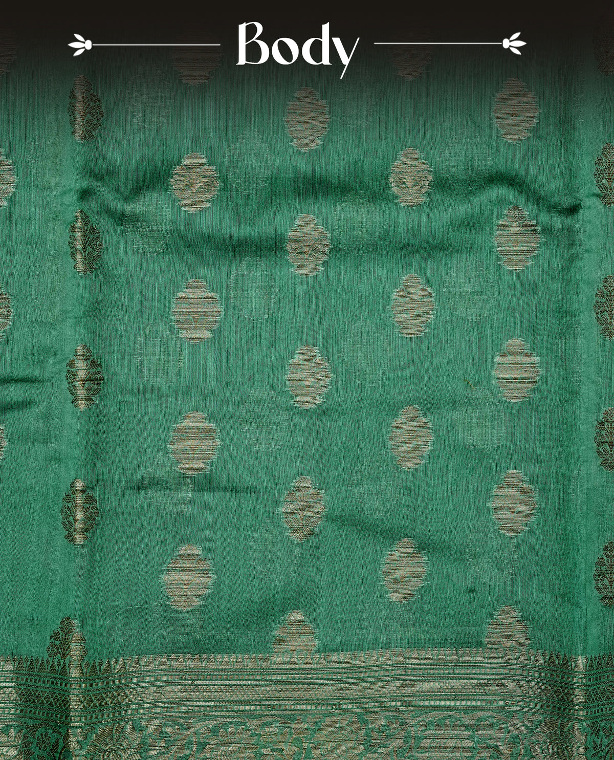 Sea green colour Banaras silk saree featuring gold zari buttas on body, complemented by self colour with zari border, comes with matching blouse piece.
