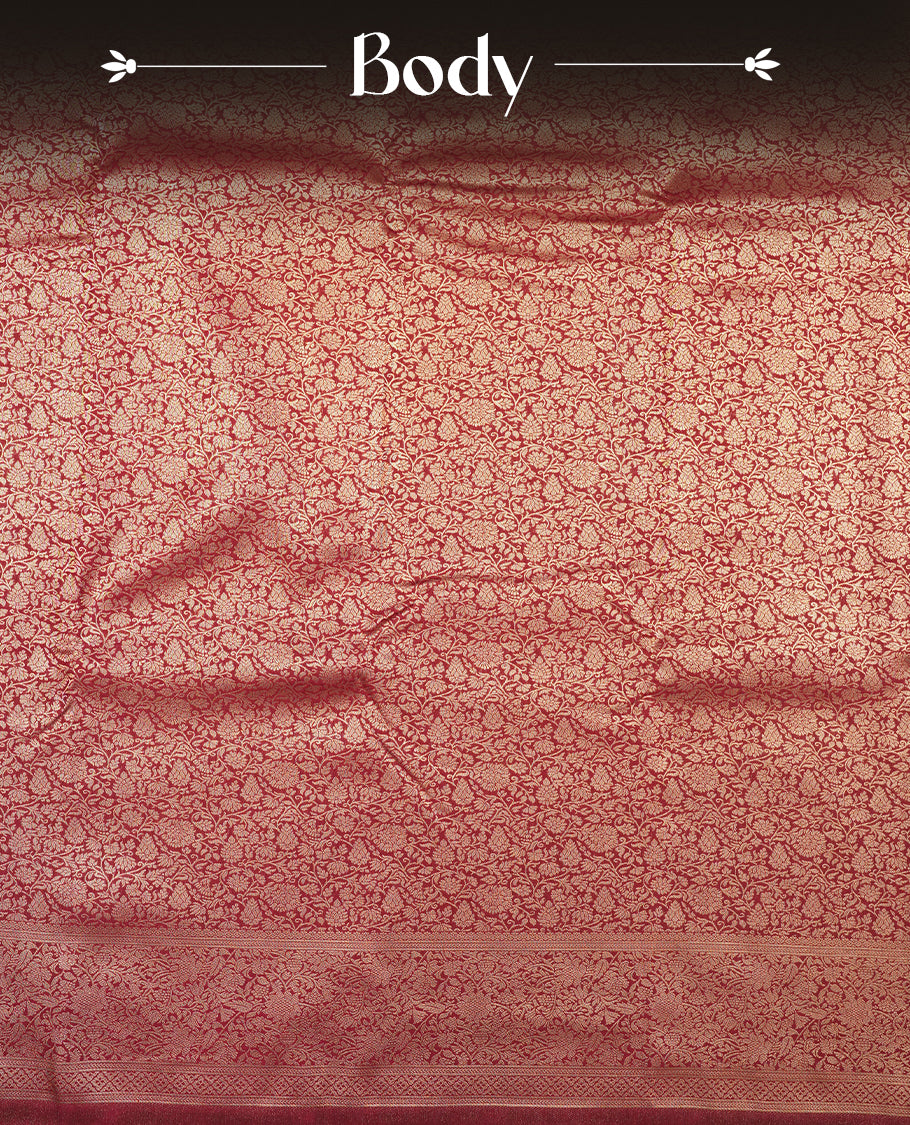 Deep Brown colour semi silk brocade saree featuring intricate Gold Floral kodi patterns across the body, complemented by a rich self colour woven border and pallu, paired with a matching blouse.