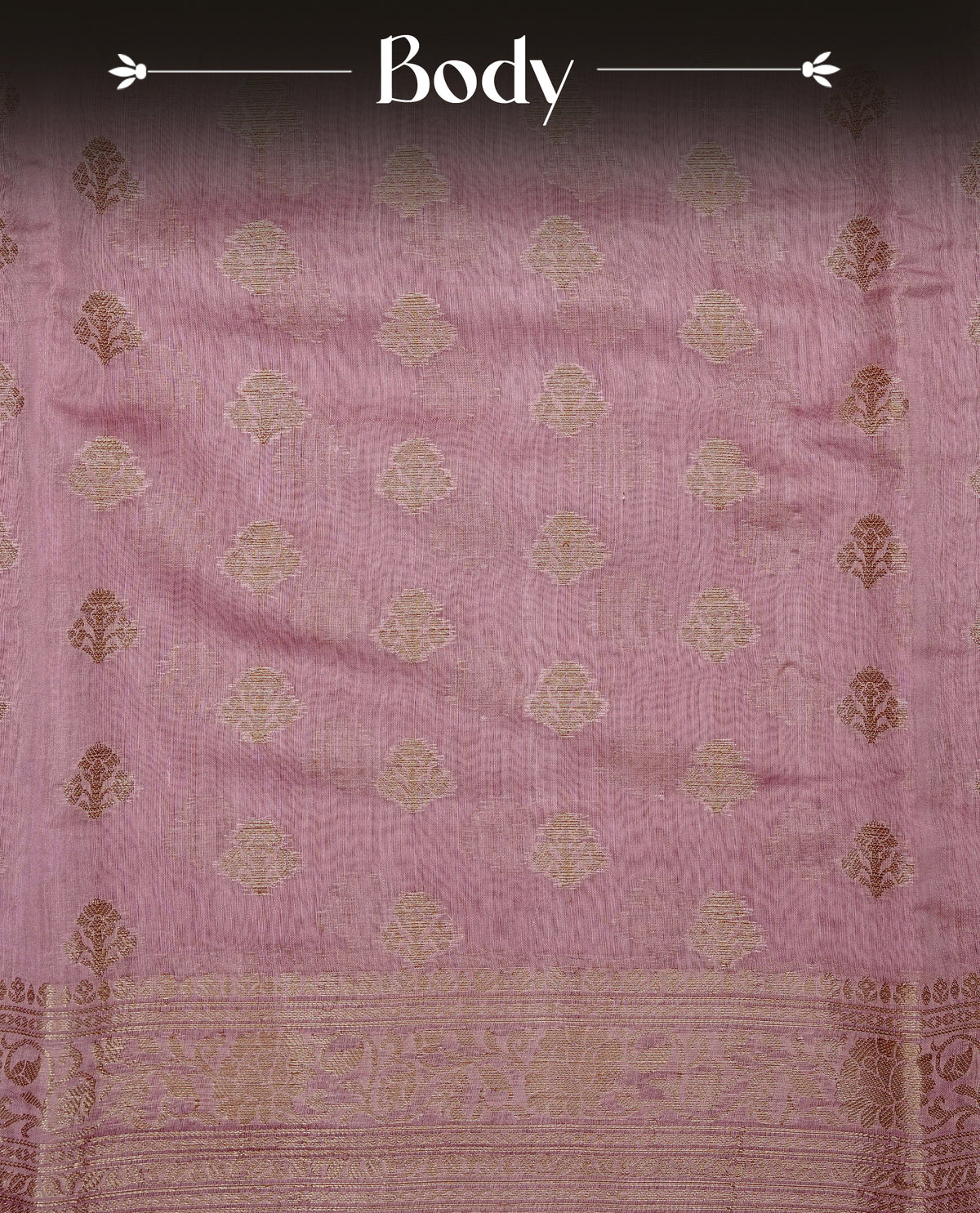Pink colour Banaras silk saree featuring gold zari buttas on body, complemented by self colour with zari border, comes with matching blouse piece.