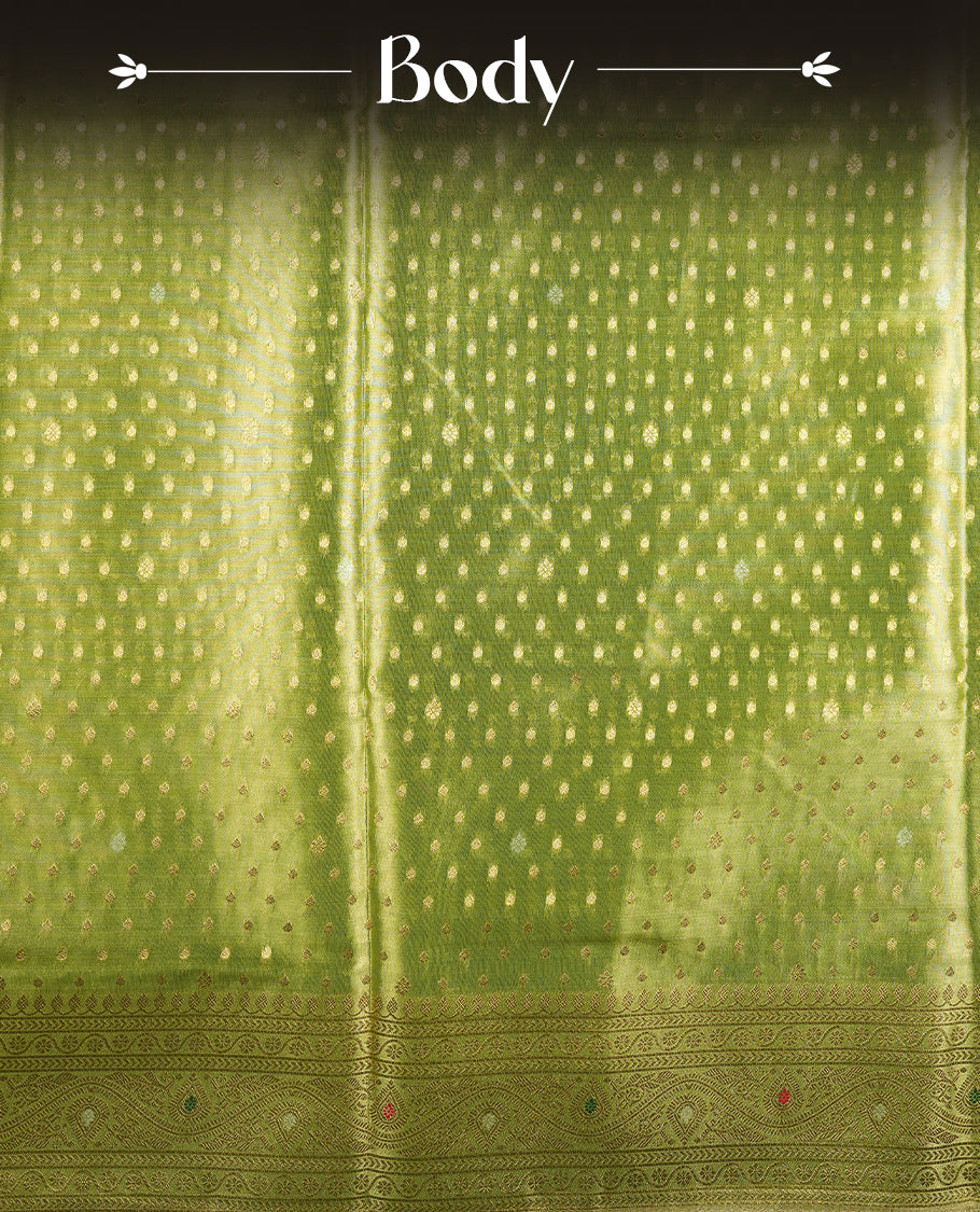 Green & Gold double shade colour tissue banaras silk saree featuring antique gold zari motifs on the body with rich traditional zari border and pallu, paired with a matching blouse piece.