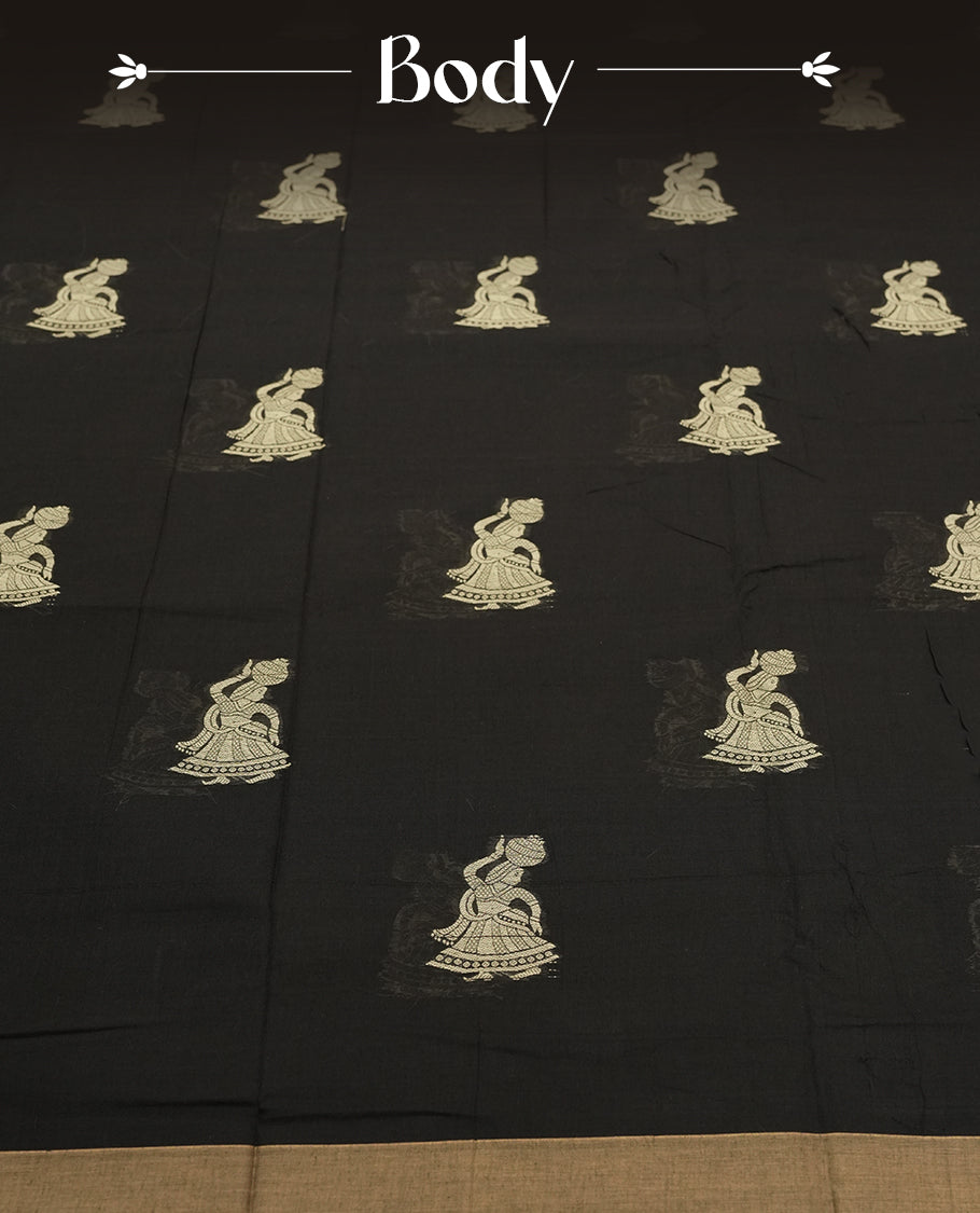 Black colour Narayanapattu cotton saree with a traditional dancer motifs in thread work in the  body and pallu , and a subtle beige zari border & A cultural classic, this saree comes without a blouse piece.