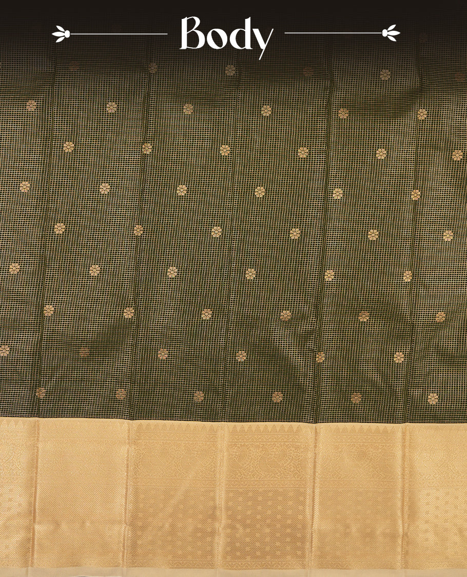 Dark green colour Semi Silk Saree with gold zari striped patterns on the body, paired with a contrasting cream traditional pallu and border, and a matching blouse piece.