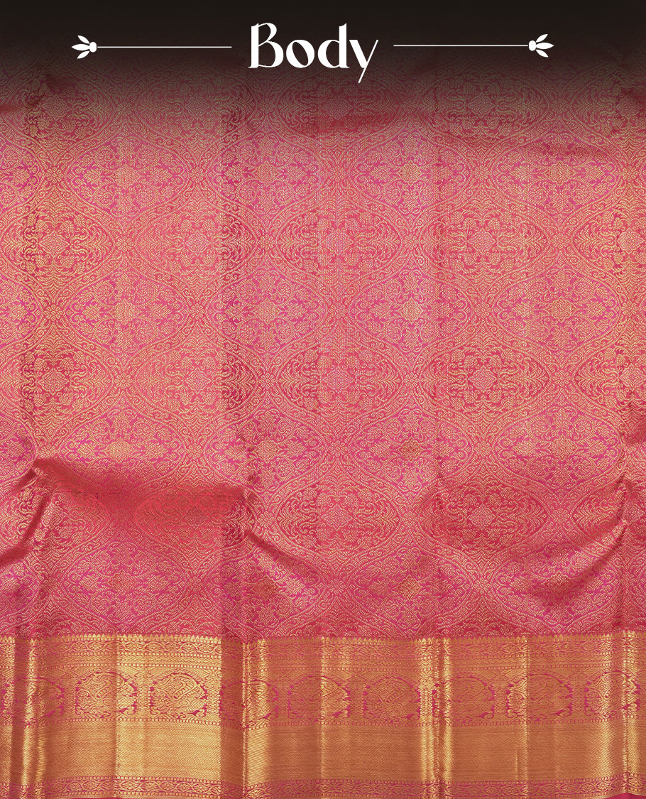 Magenta purple colour Kanchipuram Samudrika Silk Saree featuring Floral kodi pattern weaving with gold zari jacquard and a traditional Kanchipuram zari border, paired with a matching designer jacquard blouse piece