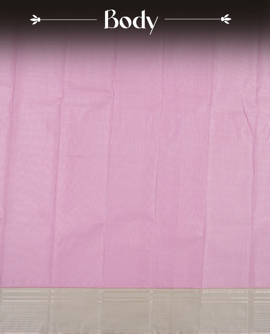 Lavender colour Semi Silk Saree with silver zari striped patterns on the body, paired with a contrasting light gray colour traditional pallu and border, and a matching blouse piece.