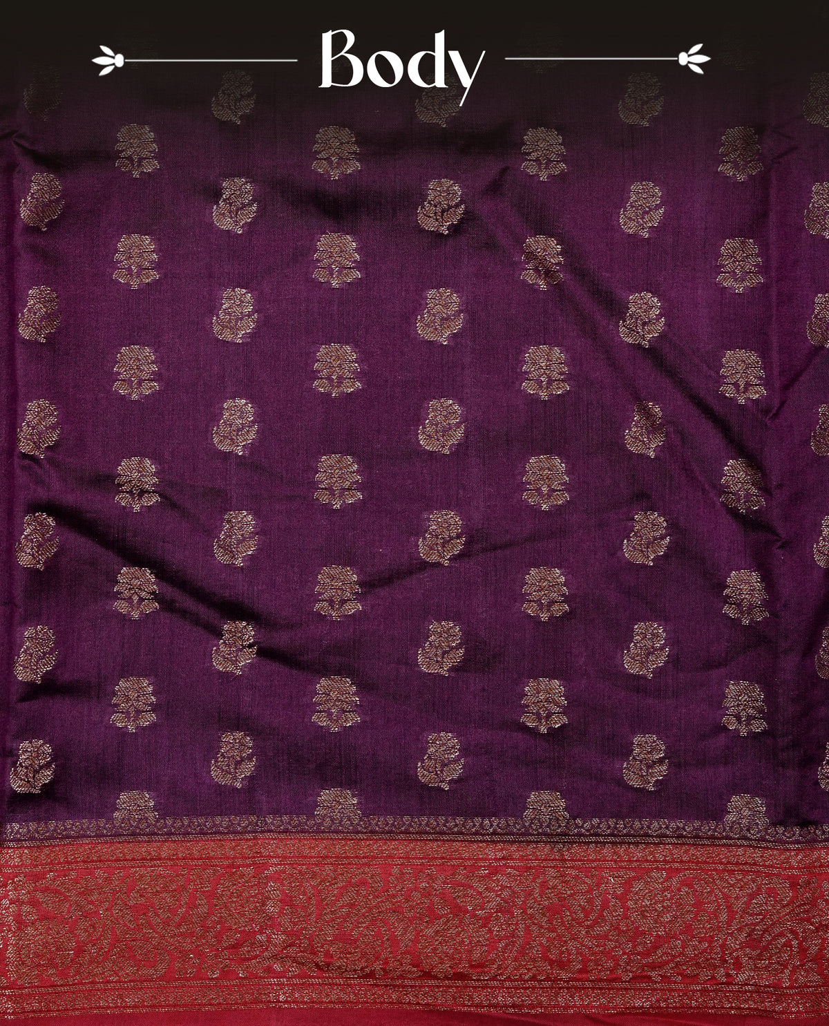 Purple colour banaras saree featuring Gold zari buttas on body, complemented by contrast Maroon colour with simple zari border, comes with matching blouse piece.