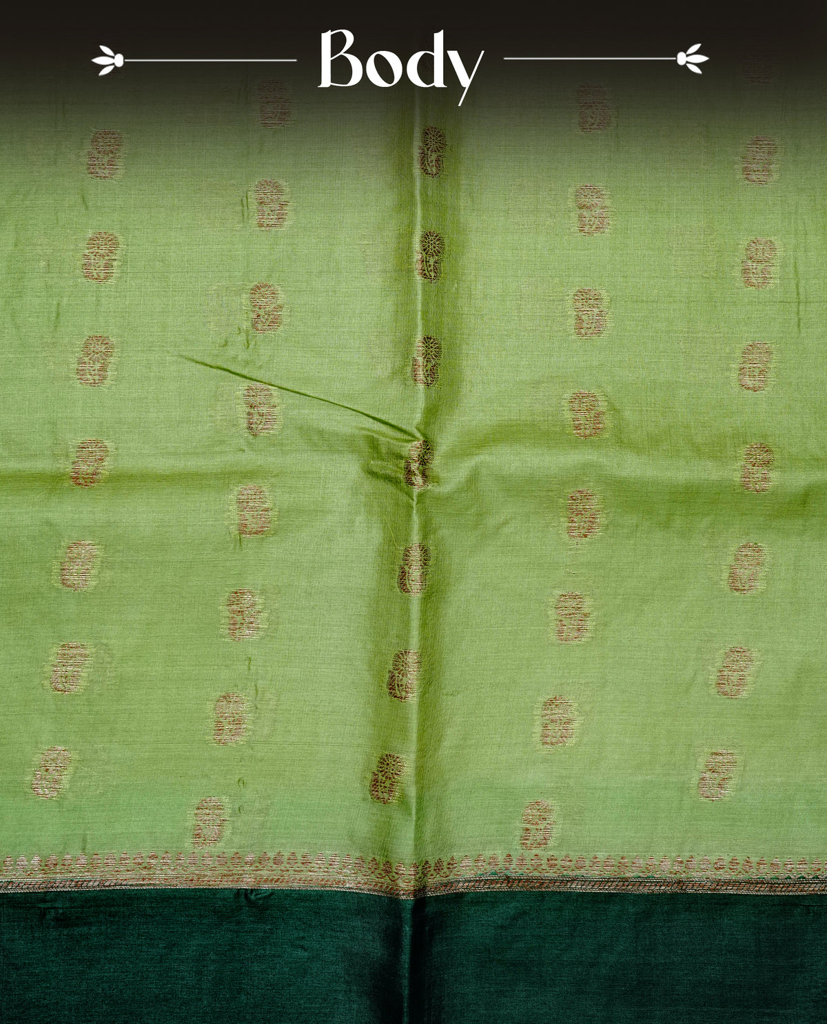 Light green colour banaras silk saree featuring Gold zari buttas on body, complemented by contrast Dark green colour border, comes with matching blouse piece.