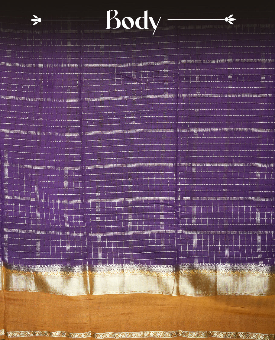 Purple colour mixed chanderi cotton saree with silver zari checkered body, mustard-golden pallu with grid pattern, golden zari border, and matching blouse