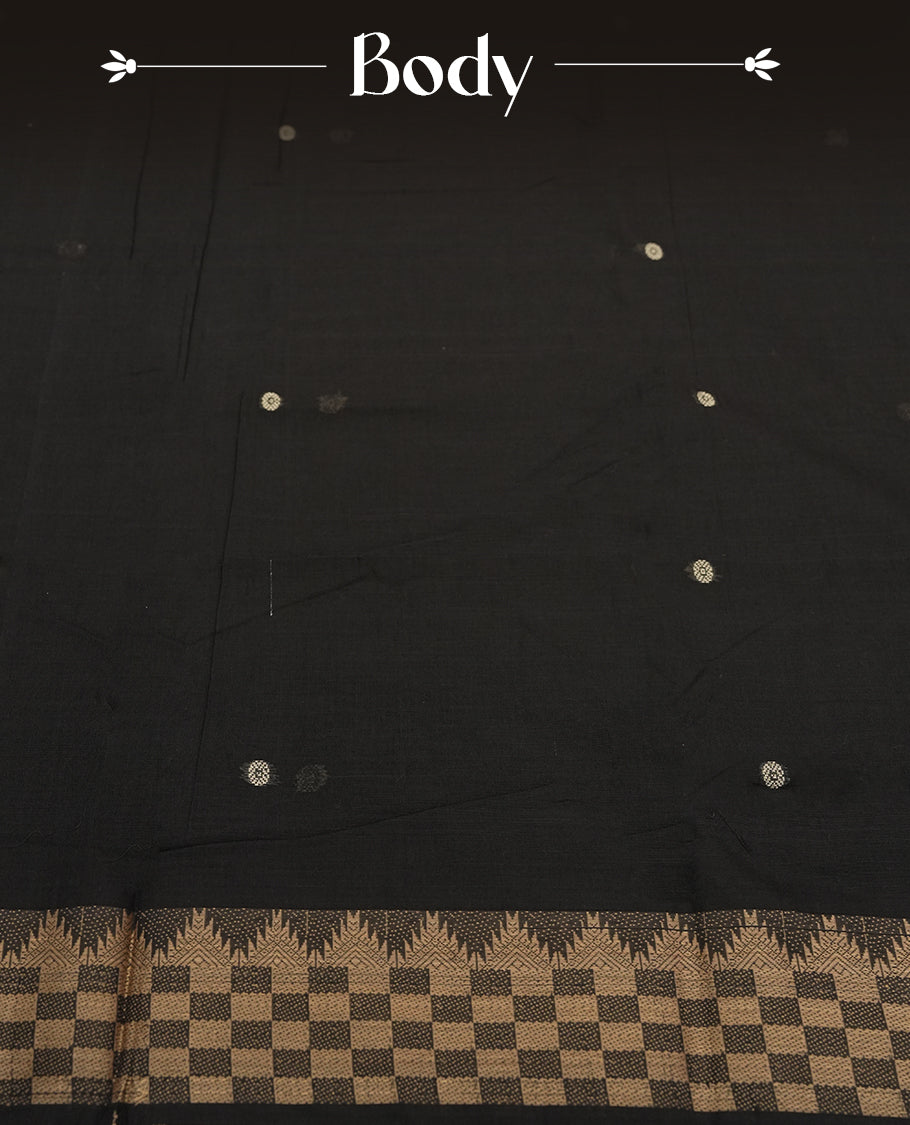 Black colour Narayanapattu cotton saree with floral motifs in the body & pallu featuring traditional temple and checkered motifs in beige colour threadwork, and a matching zari border & this saree comes without a blouse piece.