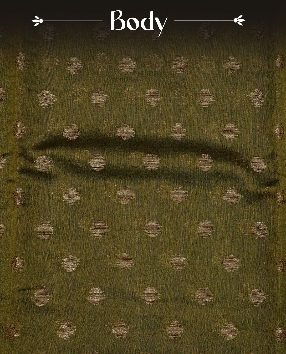 Olive green colour Banaras saree featuring Gold zari buttas on body, compelmented by zari pattern on self colour border, comes with matching blouse piece.