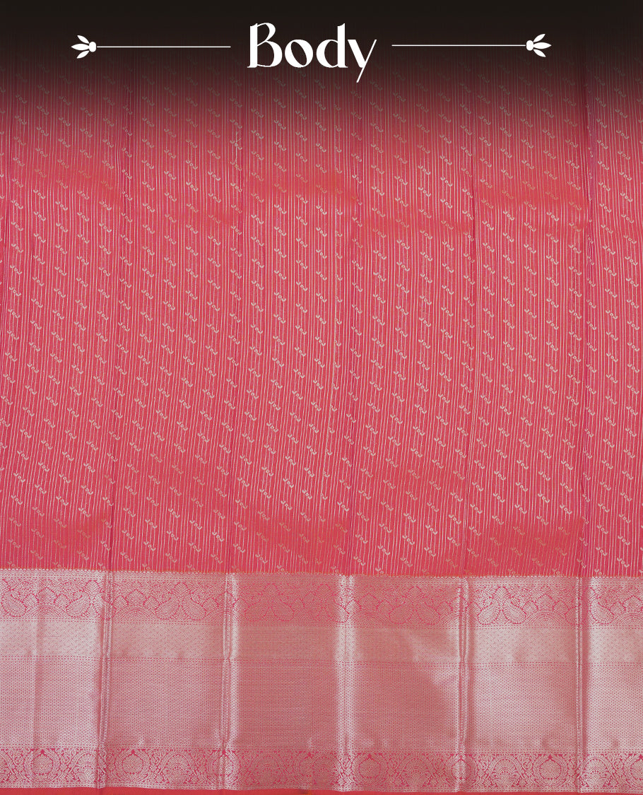 Crimson Red Colour Semi Silk Saree with Silver Dotted Striped Body, Contrasting Rose Gold Zari Pallu & Border, Traditional Paisley Motifs, and Matching Blouse Piece