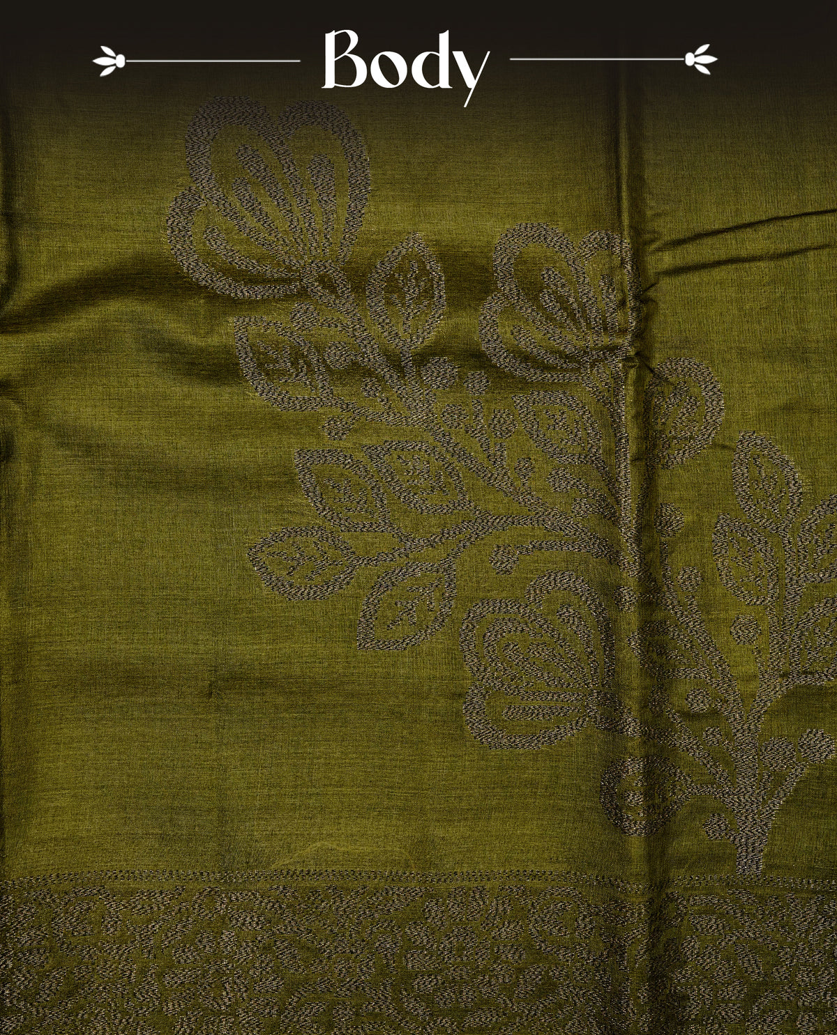 Olive colour banaras saree featuring Antique zari kodi pattern on body, complemented by Zari pattern on self colour border, comes with matching blouse piece.