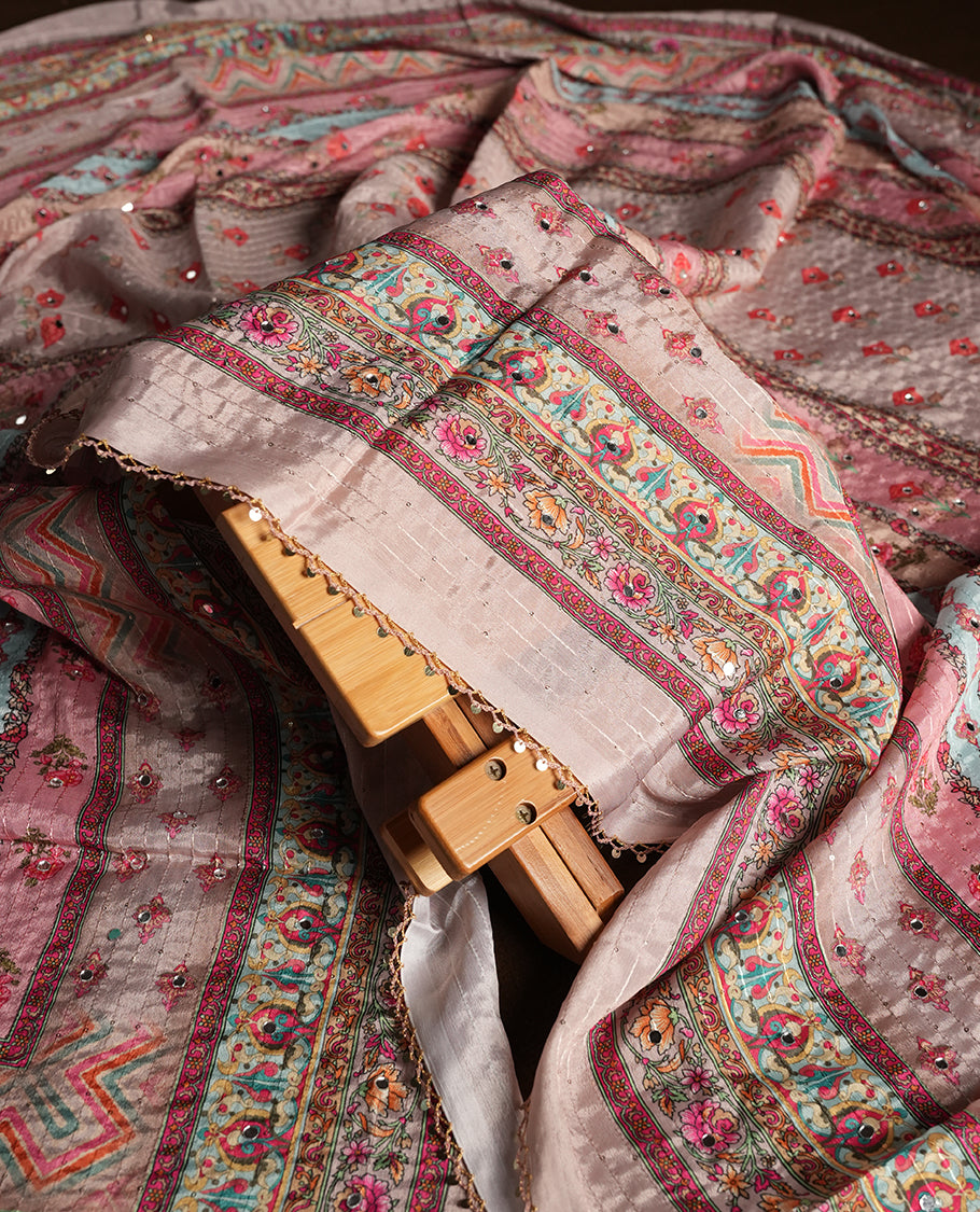 Walnut cream colour churidhar material featuring Mirror and thread embroidery, foral print pattern on the self colour front panel, floral digital printed dupatta with elegant border, and matching plain bottom