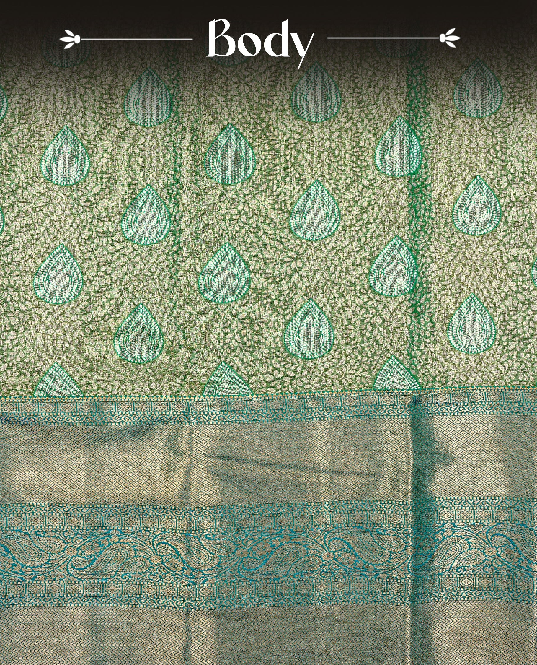Green & Gold Double shade Semi Tissue Silk saree featuring Light gold pattern on body, complemented by Contrast Blue with gold zari border, paired with matching blouse piece.