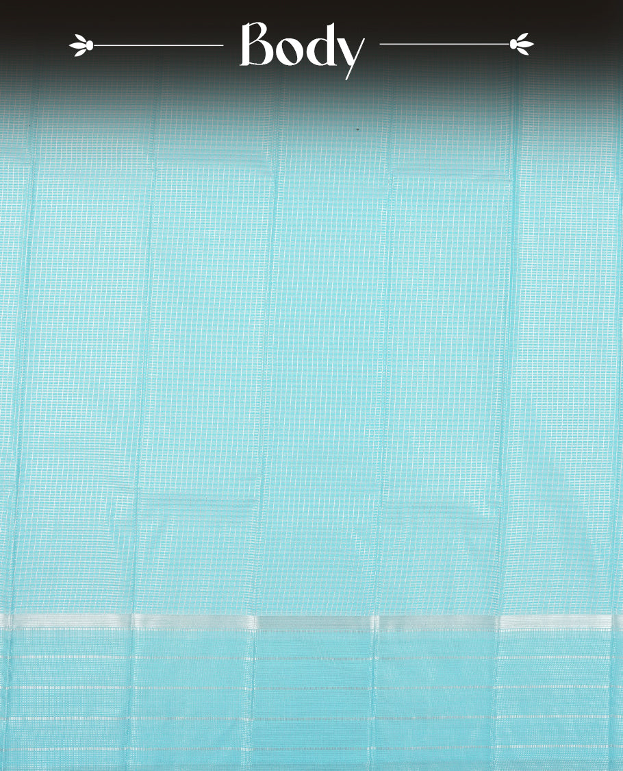 Bright light blue colour Semi Silk Saree with silver zari checks on the body, complemented by a self coloured pallu and border woven in silver zari, paired with a matching blouse piece.