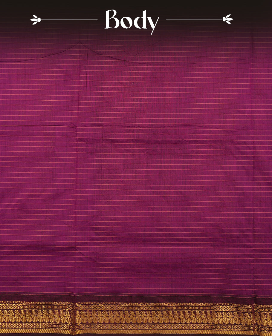 Yellow Green coloured mixed Kalyani cotton saree featuring golden zari checks on the body, complemented by a burgundy coloured border and pallu adorned with golden zari patterns, Paired with a matching blouse.