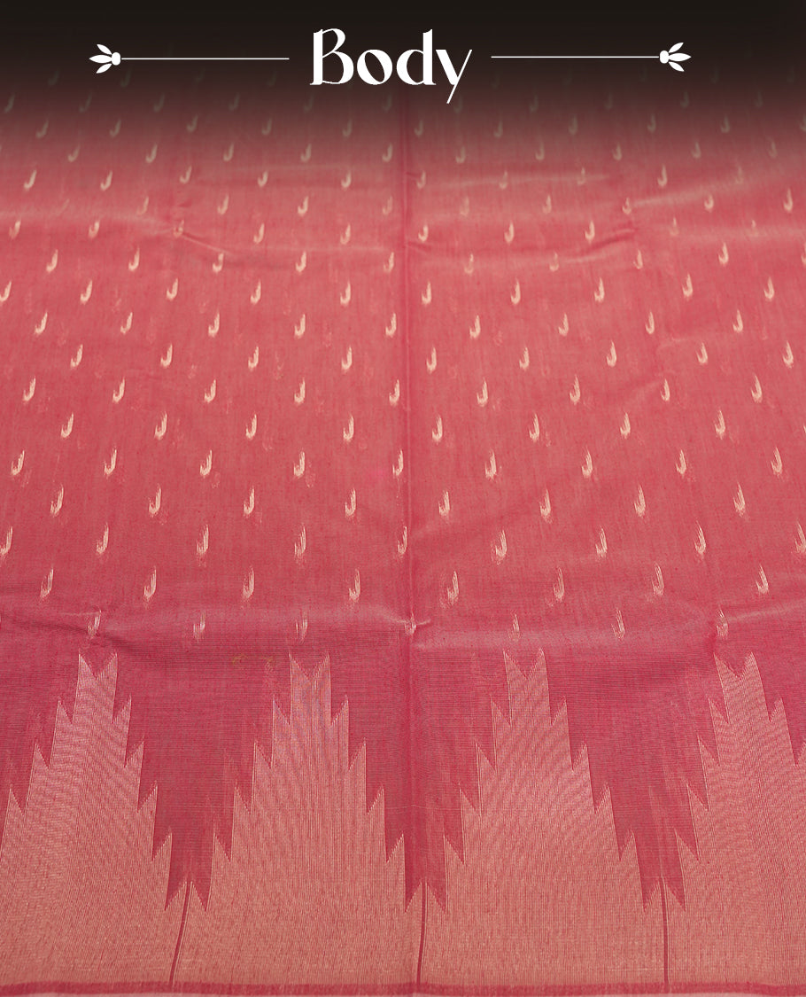 Coral Pink Cotton Saree with Silver Teardrop Butta Body, Featuring Ornamental Zari-Woven Border with Circular Medallion Pattern on Grand Pallu, Paired with Matching Coral/Pink Plain Blouse Piece