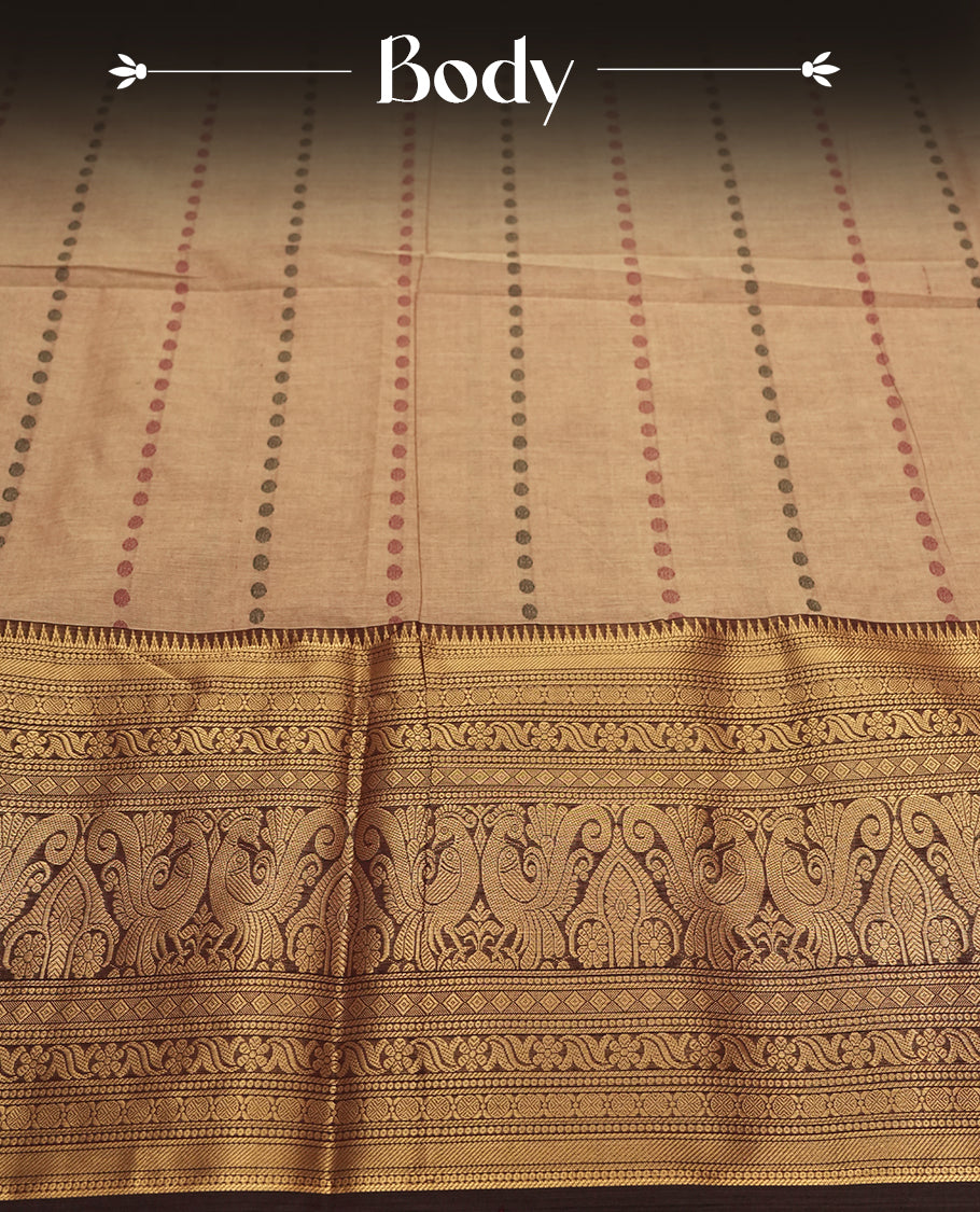 Beige Silk Cotton Saree with Red and Brown Dotted Body, Accented by Gold Zari Ornamental Border on Gold Pallu, Paired with Matching Blouse Piece