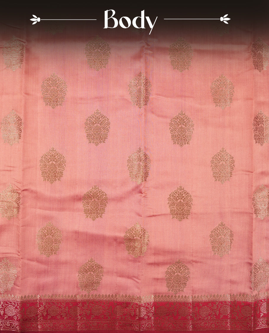 Coral Pink Colour Banaras Soft Silk Saree with Gold Zari Textured Oval Buttas, Simple Decorative Pallu Border, Grand Pallu with Ornate Circular and Foliate Motifs in Red and Gold Tones, and Matching Bright Red Blouse.