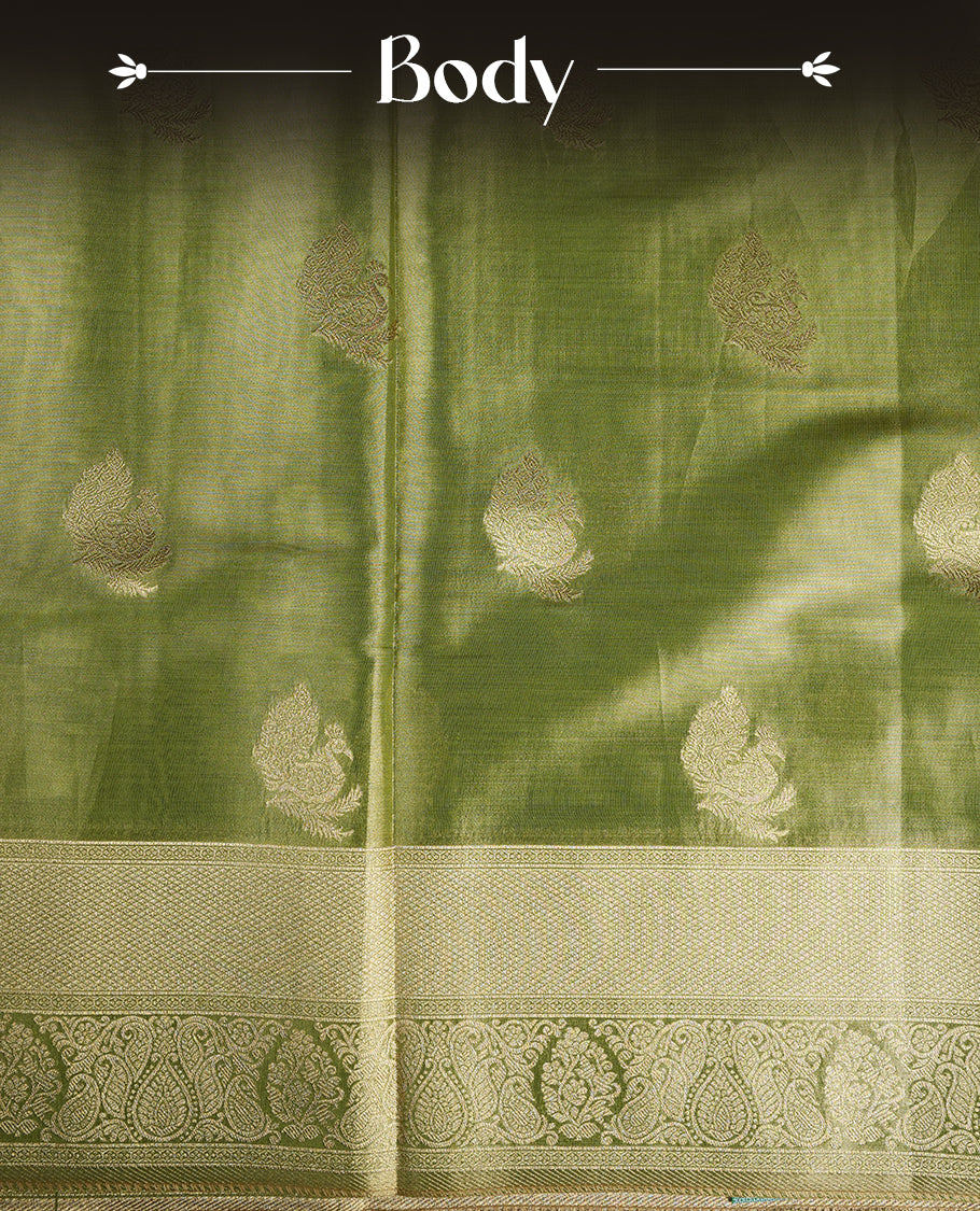 Green & Gold double shade colour tissue banaras silk saree featuring antique gold zari motifs on the body with rich traditional zari border and pallu, paired with a matching blouse piece.
