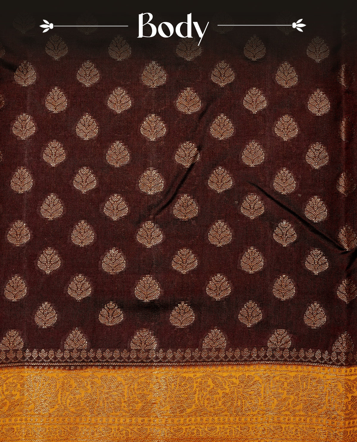 Chocolate colour banaras saree featuring Gold zari buttas on body, complemented by contrast mustard colour with simple zari border, comes with matching blouse piece.