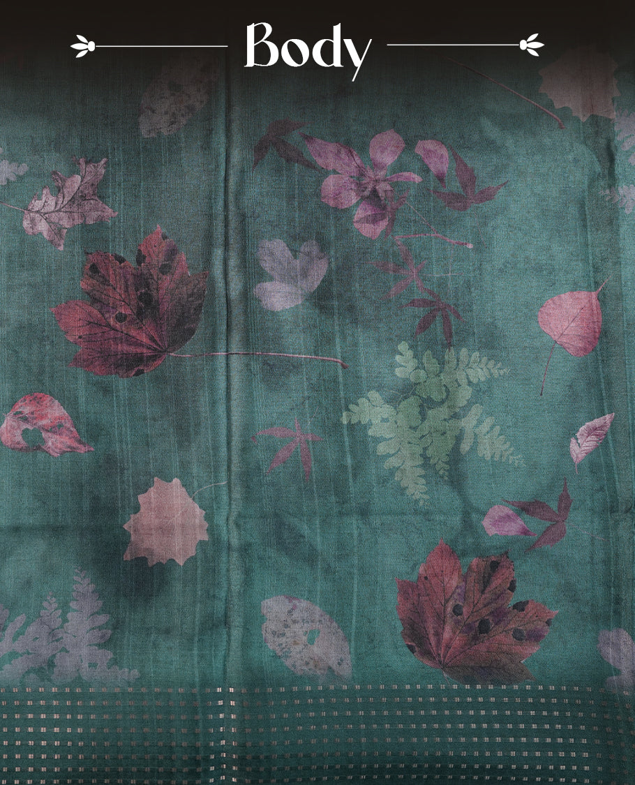 Dark green colour tussar saree featuring woven Eco leaves printed on the body, complemented by a self colour gold zari bindi butta border & pallu, paired with a matching blouse.