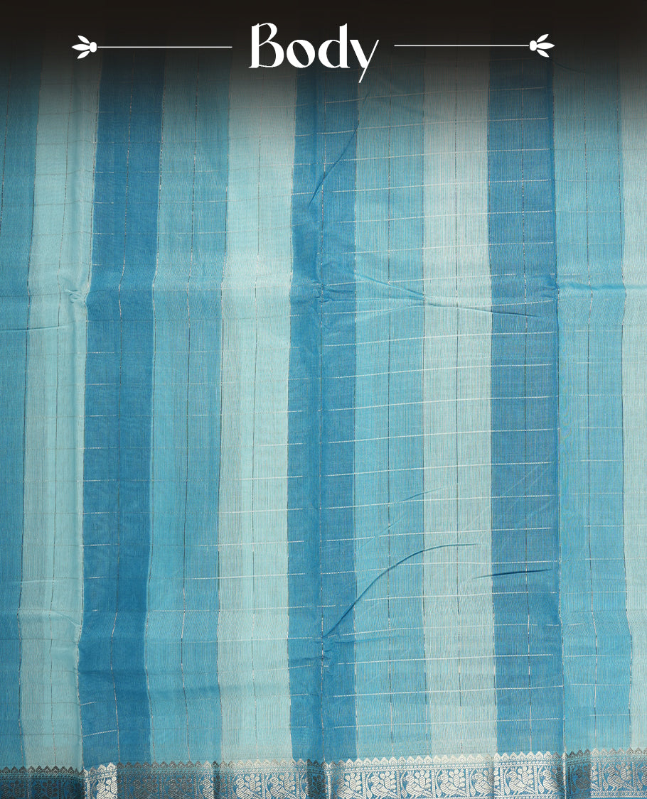 Sky blue colour mixed chanderi cotton saree with checkered striped body, plain sky blue pallu, silver zari decorative border, matching sky blue blouse.
