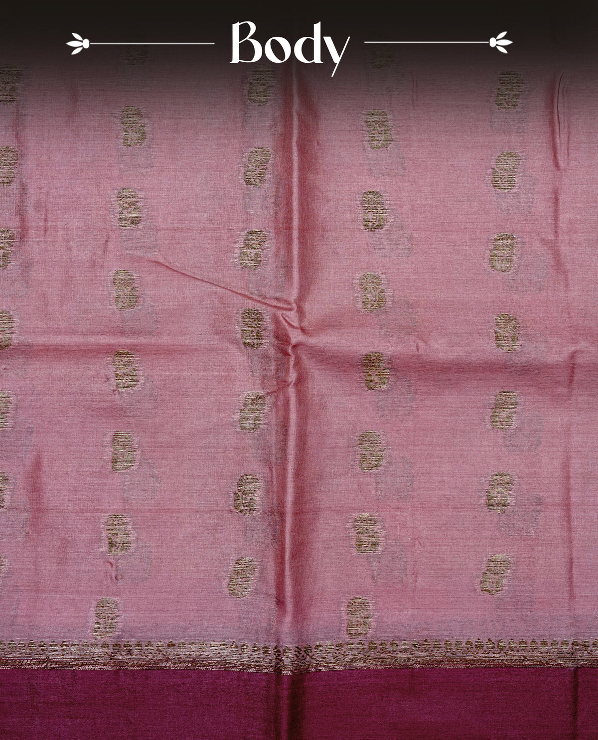 Pink colour banaras silk saree featuring Gold zari buttas on body, complemented by contrast Maroon colour border, comes with matching blouse piece.
