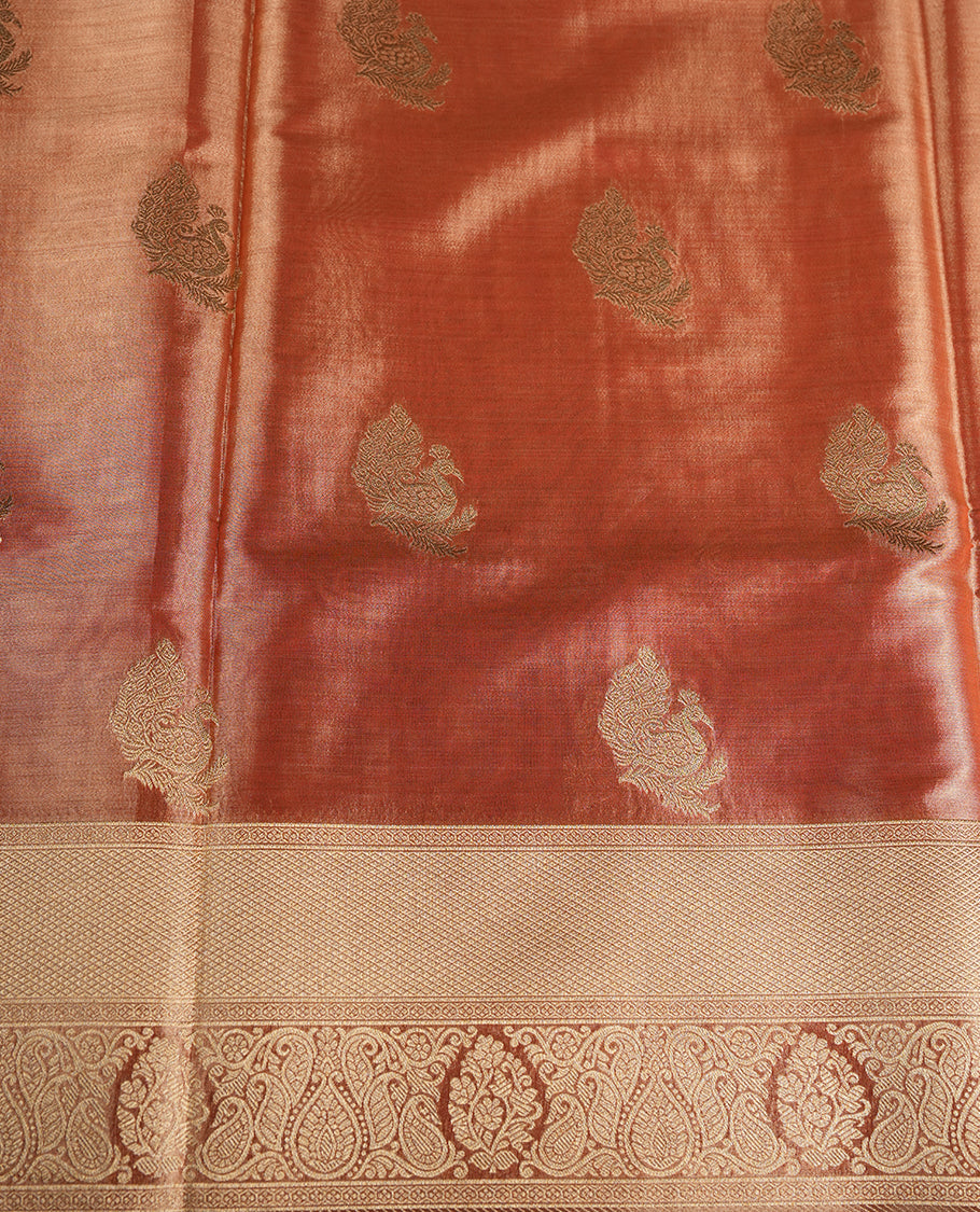 Orange & Gold double shade colour tissue banaras silk saree featuring antique gold zari motifs on the body with rich traditional zari border and pallu, paired with a matching blouse piece.