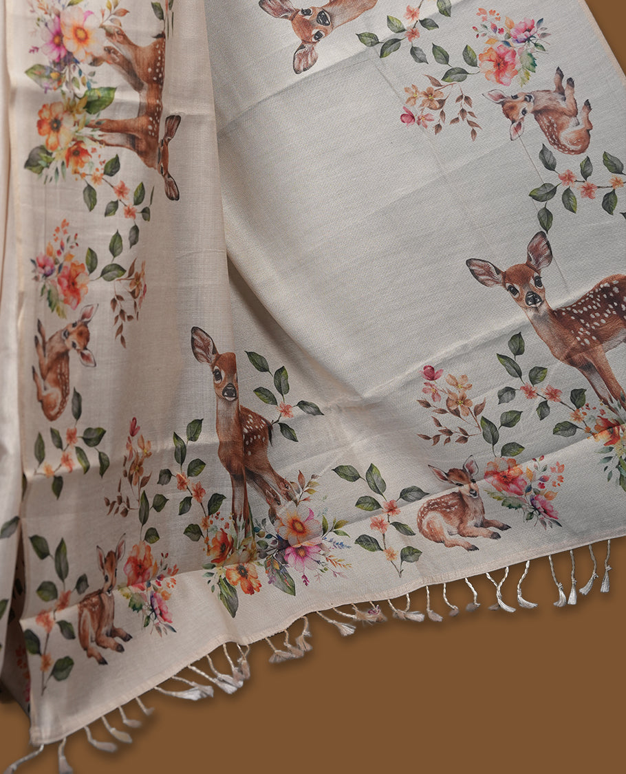 Kerala Tissue saree with floral & deer Prints and without border with Matching Blouse