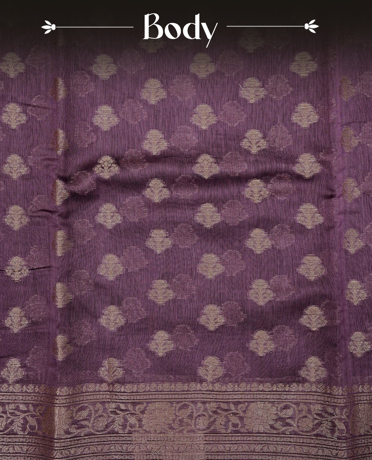 Wine colour Banaras silk saree featuring gold zari buttas on body, complemented by self colour with zari border, comes with matching blouse piece.