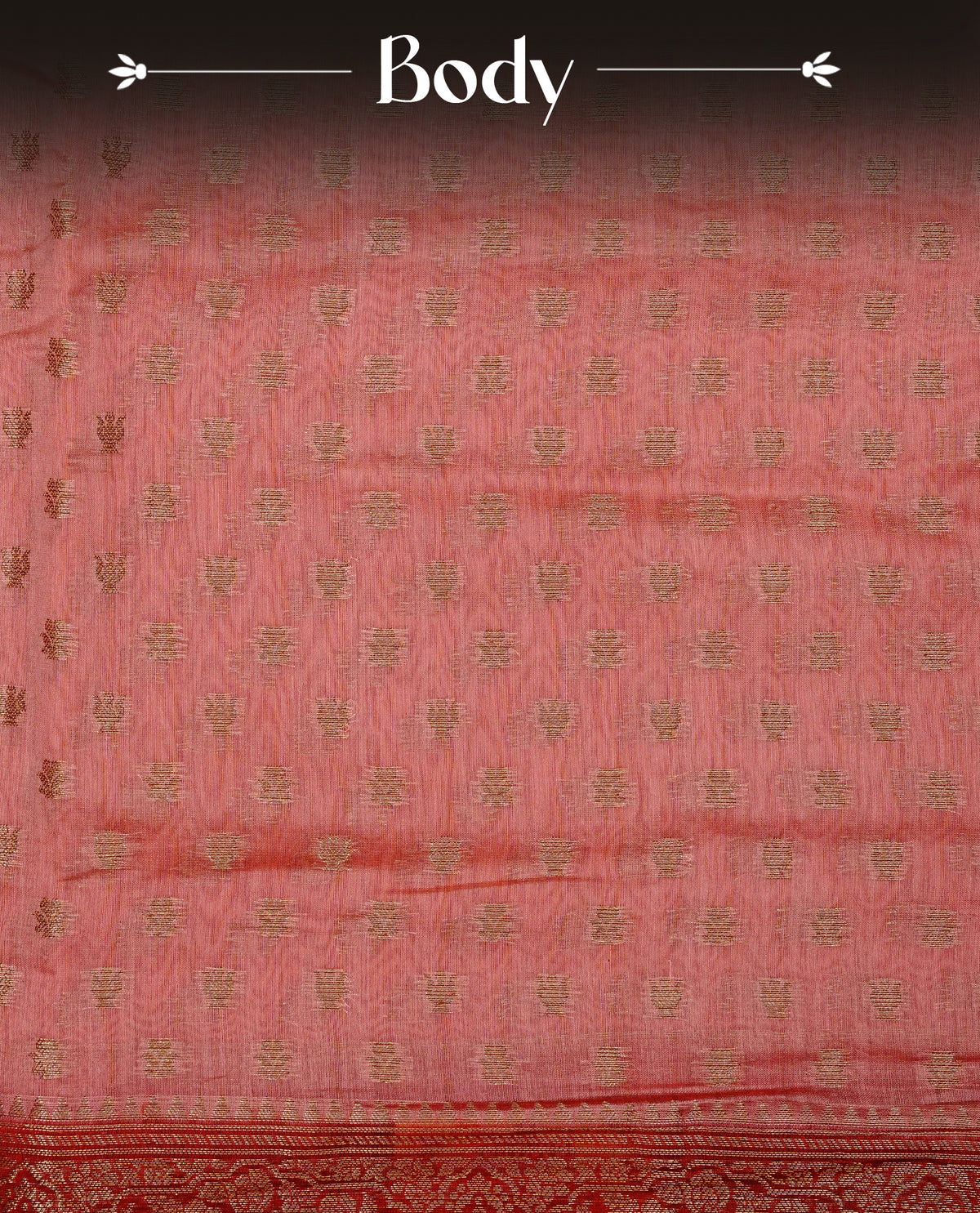 Pink colour banaras saree featuring Gold zari buttas on body, complemented by contrast Maroon colour with simple zari border, comes with matching blouse piece.