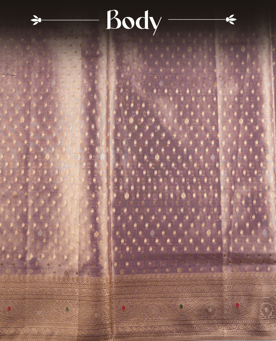 Gold & lavender colour tissue banaras silk saree featuring antique gold zari motifs on the body with rich traditional zari border and pallu, paired with a matching blouse piece.