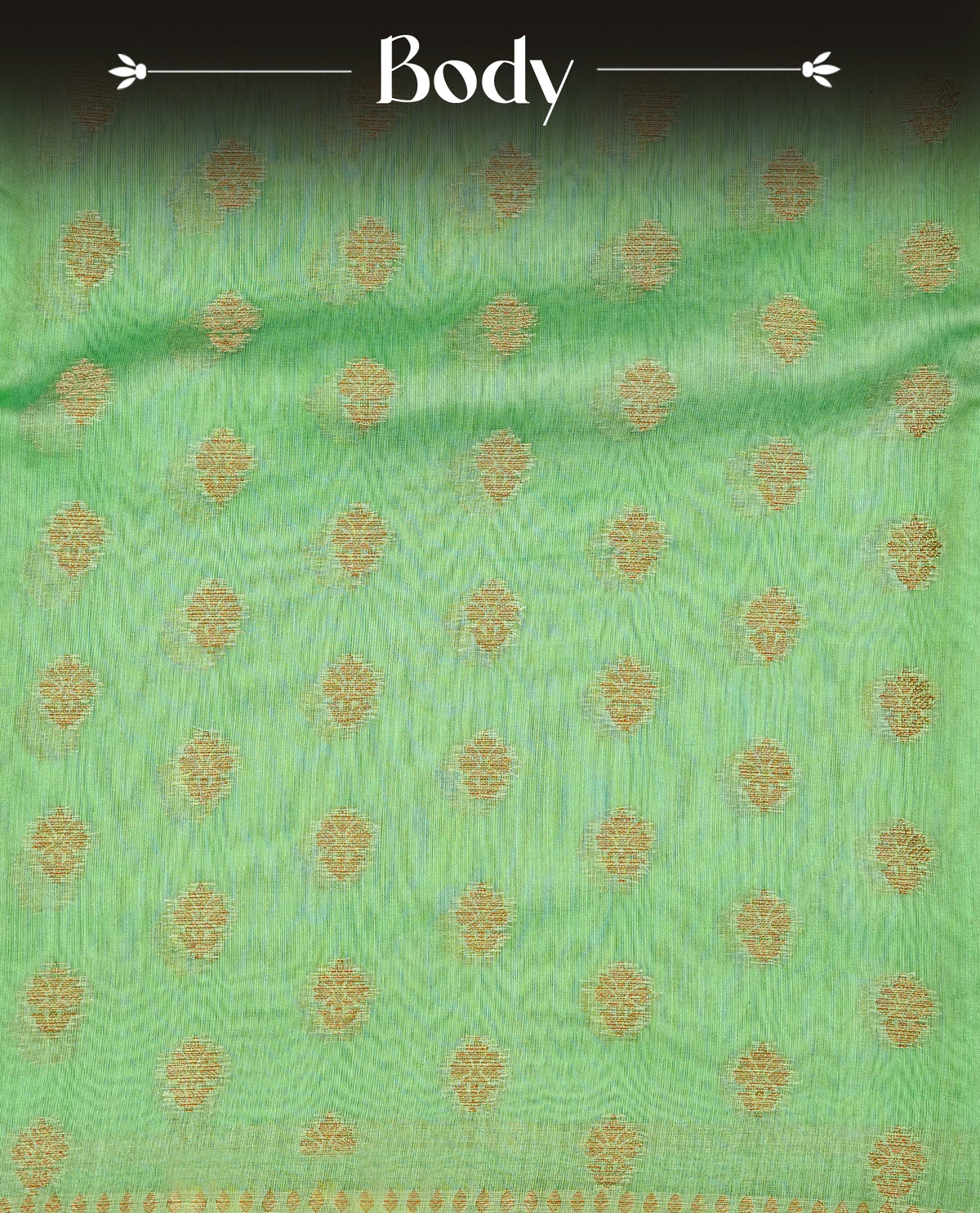 Pista green colour banaras silk saree featuring gold zari buttas on body, complemented by contrast Dark green with gold zari border, comes with matching blouse piece.