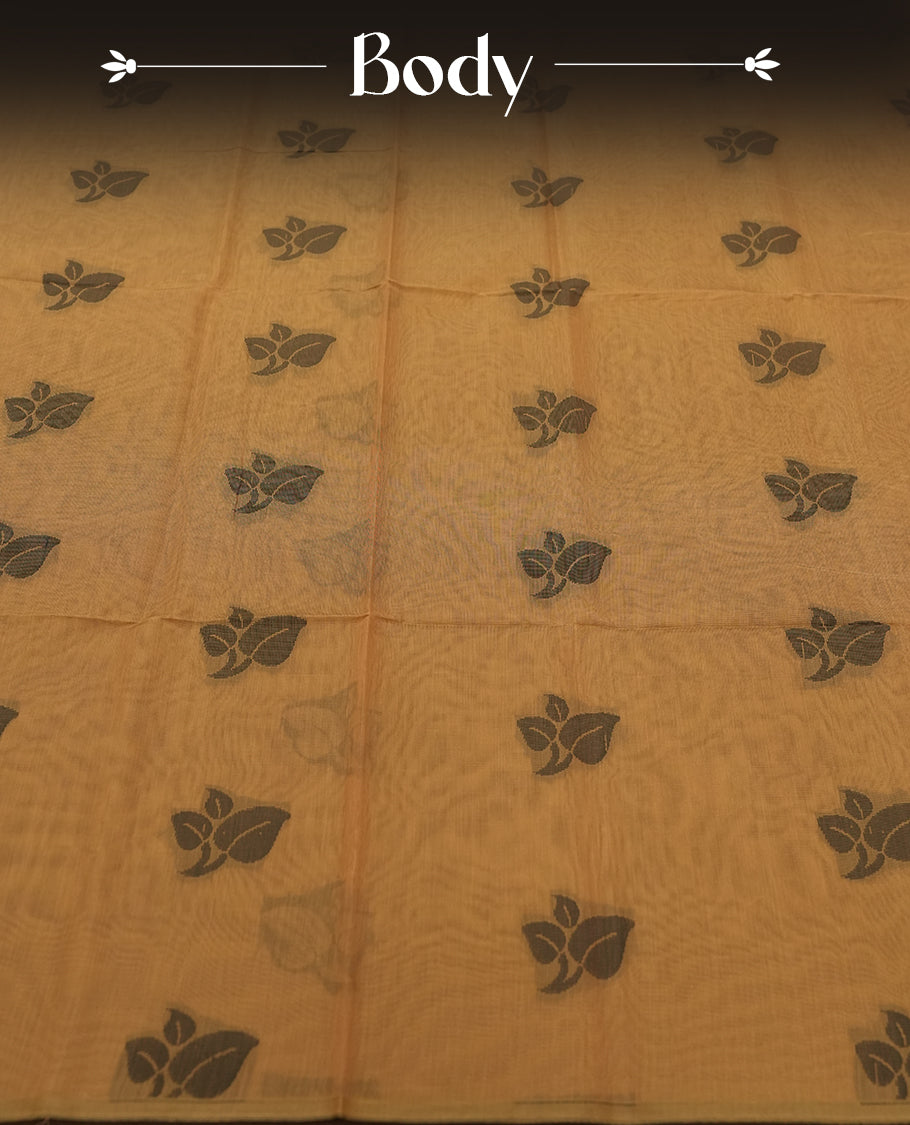 Honey Gold Colour Silk Cotton Saree with dark brown Leaf Butta Body, Contrasting dark brown Zari Pallu & Border, Floral Motifs, and Matching Woven Blouse Piece