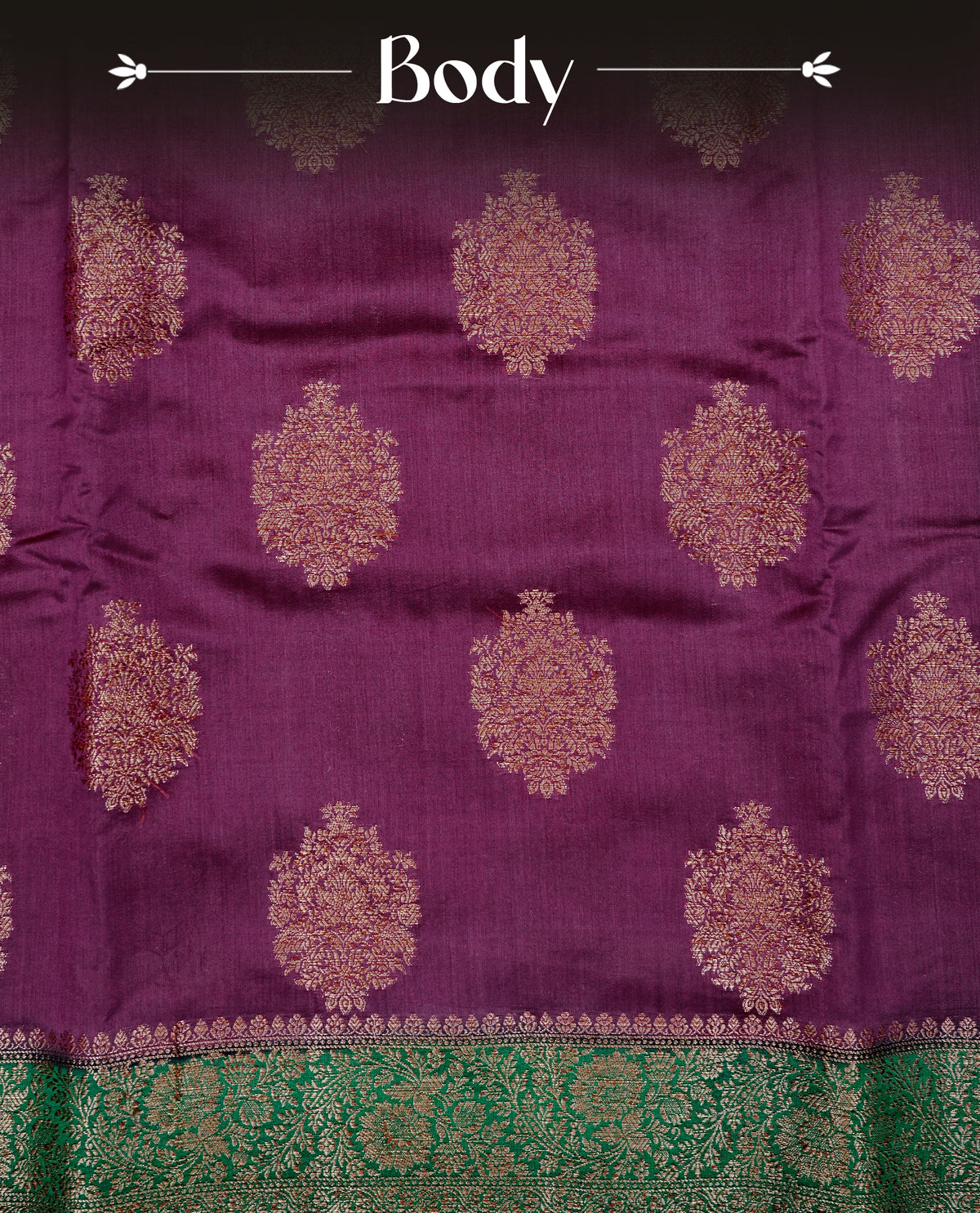 Purple colour banaras saree featuring gold zari motifs on body, complemented by contrast green colour with gold zari border, comes with matching blouse piece.