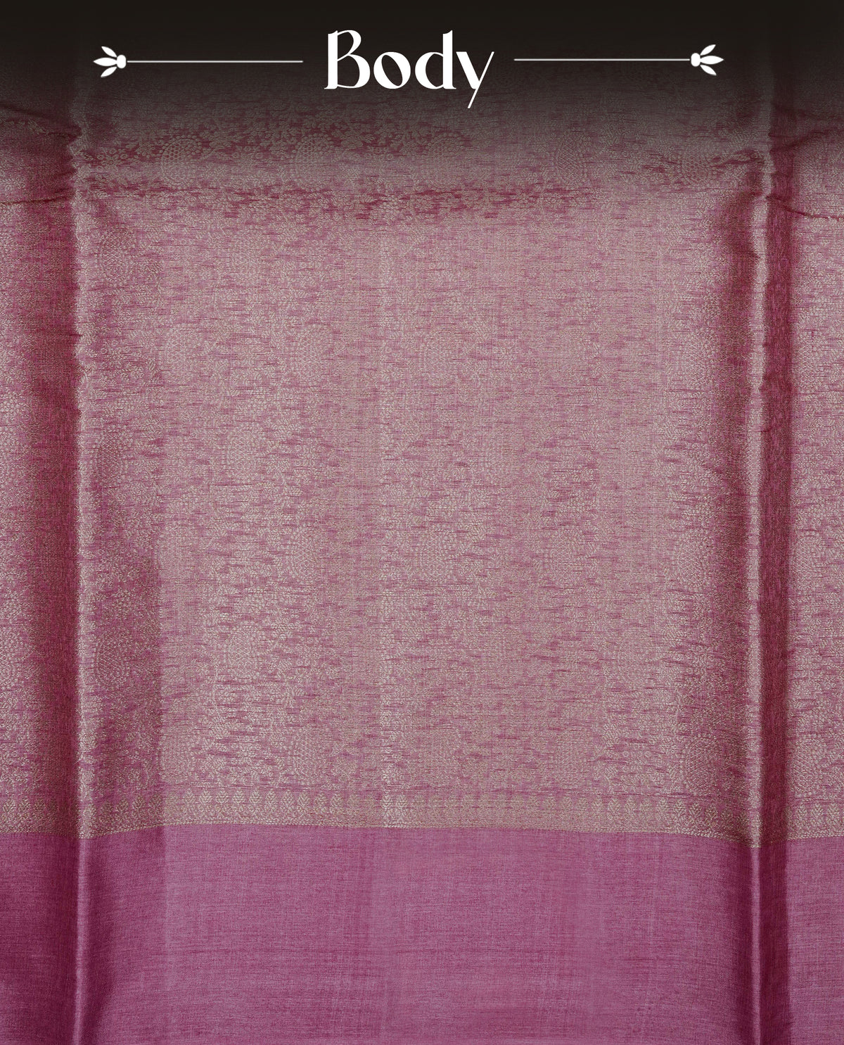 Pastel pink Colour banaras saree featuring Light gold zari Floral kodi pattern on body, complemented by borderless finish, comes with matching blouse piece.