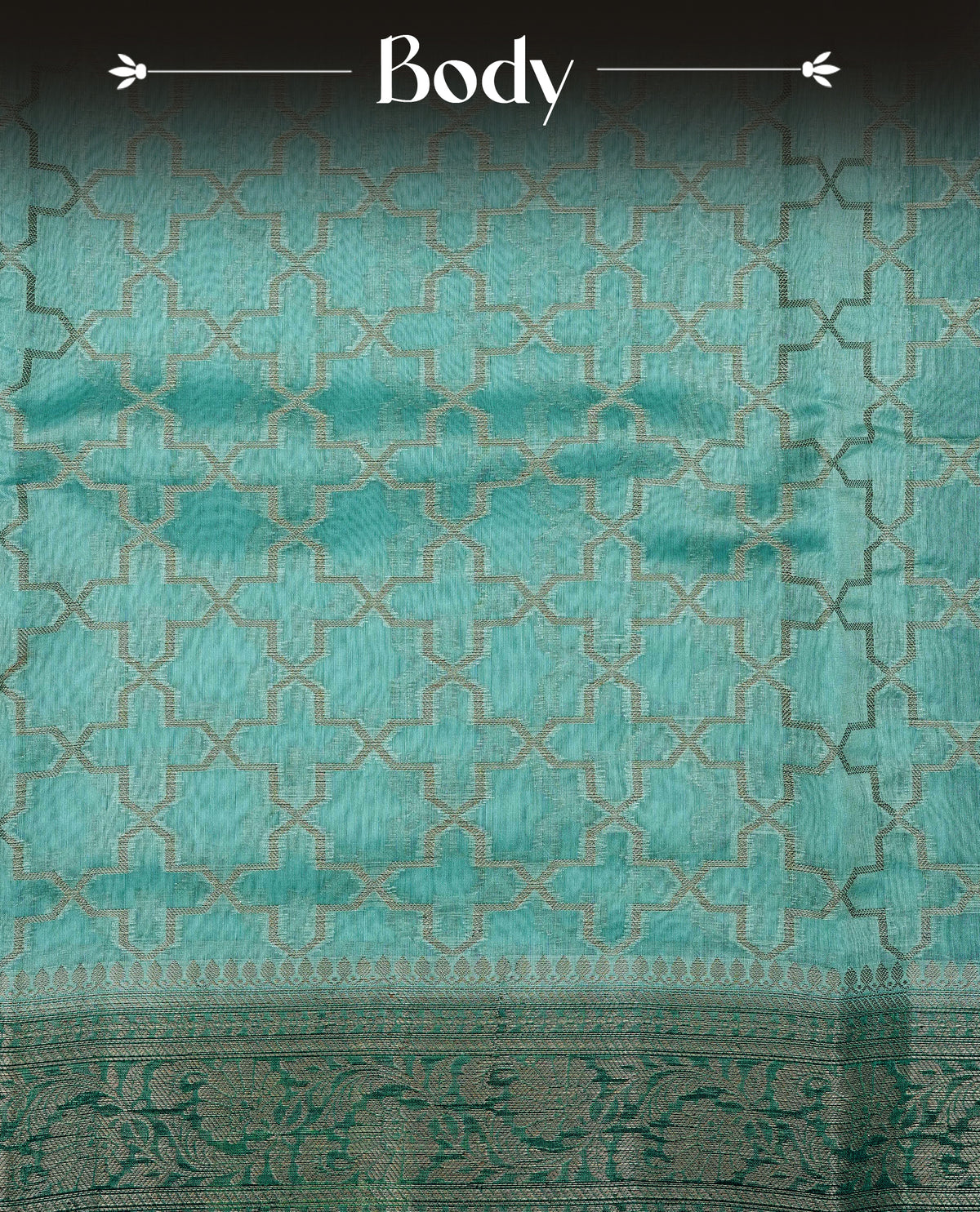 Blue colour Banaras silk saree featuring gold zari Geometric pattern on body, complemented by contrast Teal colour with zari border, comes with matching blouse piece.