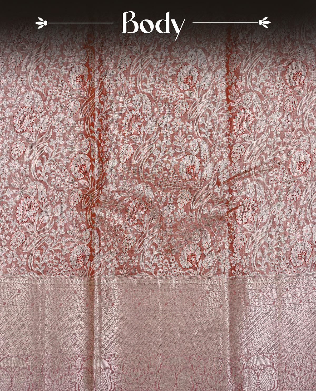 Red & Gold Double shade Semi Tissue Silk saree featuring Light gold Kodi pattern on body, complemented by Contrast Pink with gold zari border, paired with matching blouse piece.