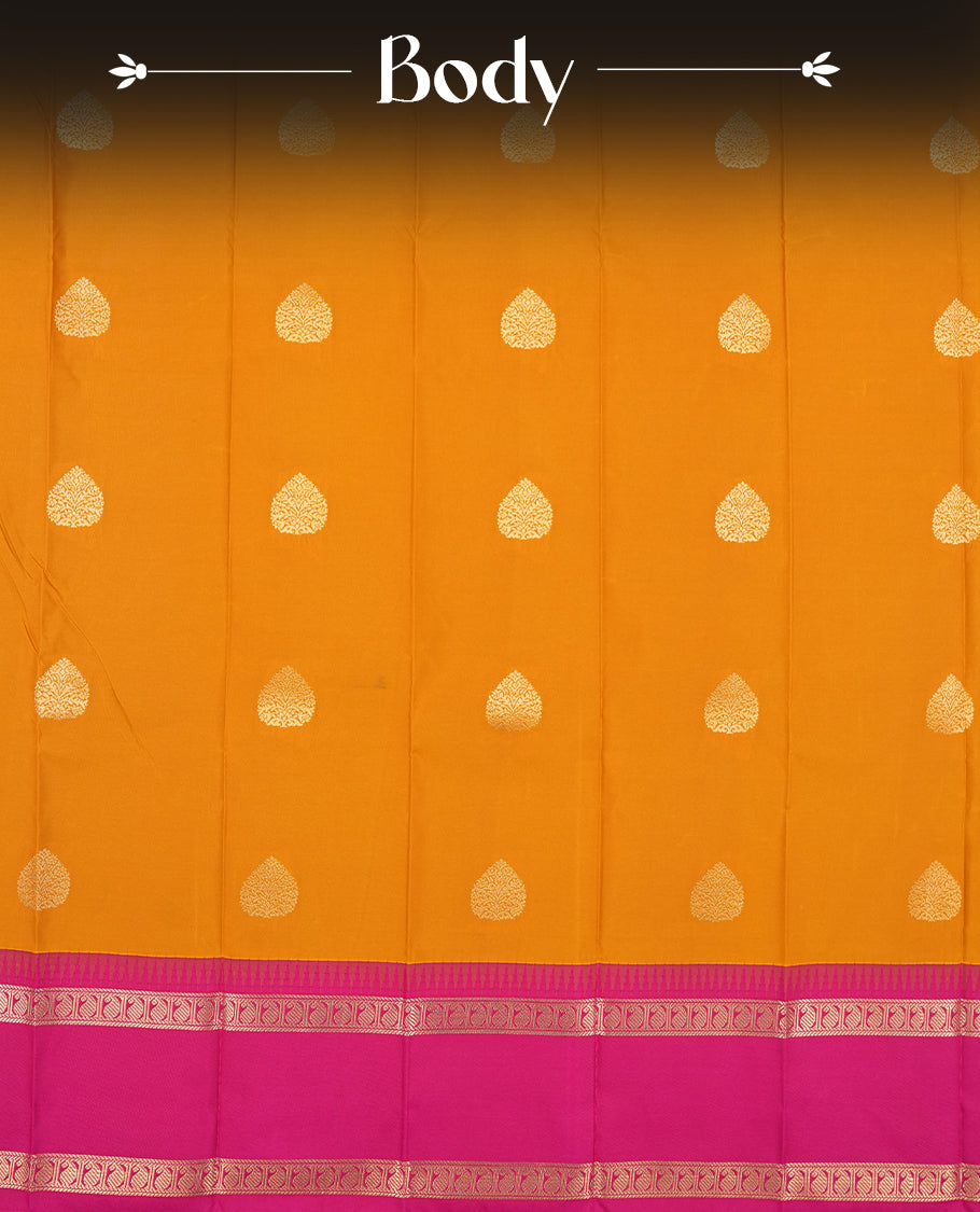 Orange Colour Semi Silk Saree with Golden Paisley Butta Motifs, Contrasting Hot Pink Golden Zari Pallu & Border, Geometric Patterns, and Matching Blouse Piece
