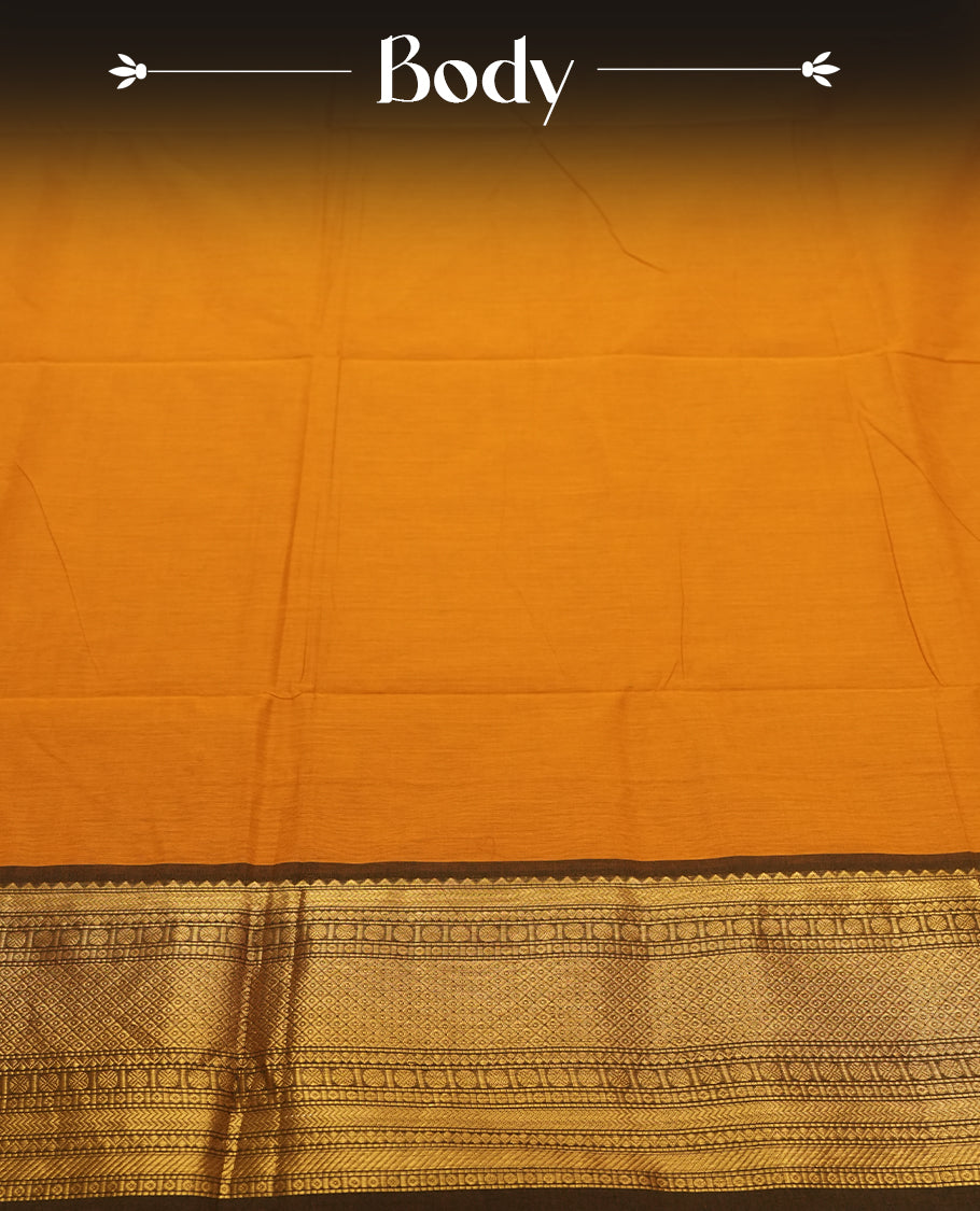 Orange Silk Cotton Saree with Plain Body, Accented by Gold Zari Geometric Border on Orange and Gold Striped Pallu, Paired with Matching Blouse Piece