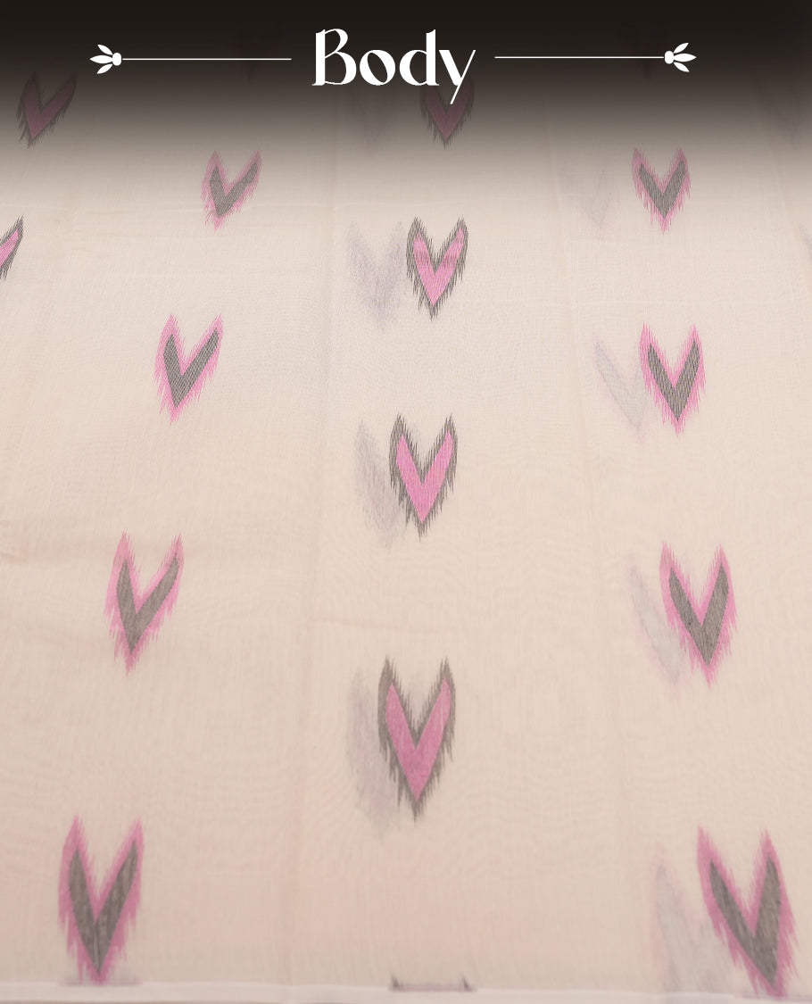 Beige Colour Silk Cotton Saree with Pink and Grey Arrow Motifs Body, Accented by brown and Pink Geometric Pattern Pallu, Paired with Matching Blouse Piece