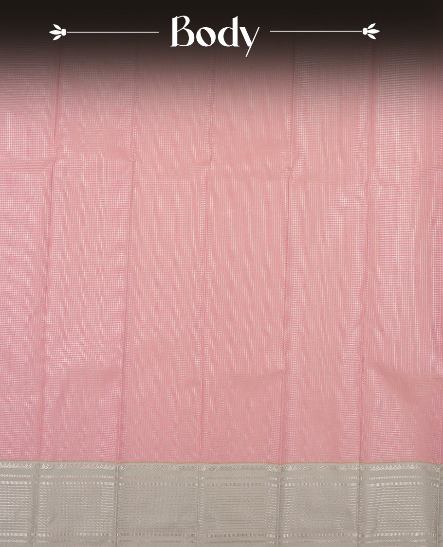 Pastel pink colour Semi Silk Saree with gold zari striped patterns on the body, paired with a contrasting Gray colour traditional pallu and border, and a matching blouse piece.